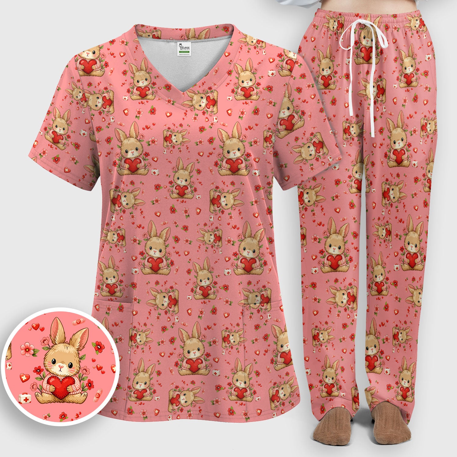 Adorable Bunny Heart Healthcare Design Scrub, Breathable Med Uniform