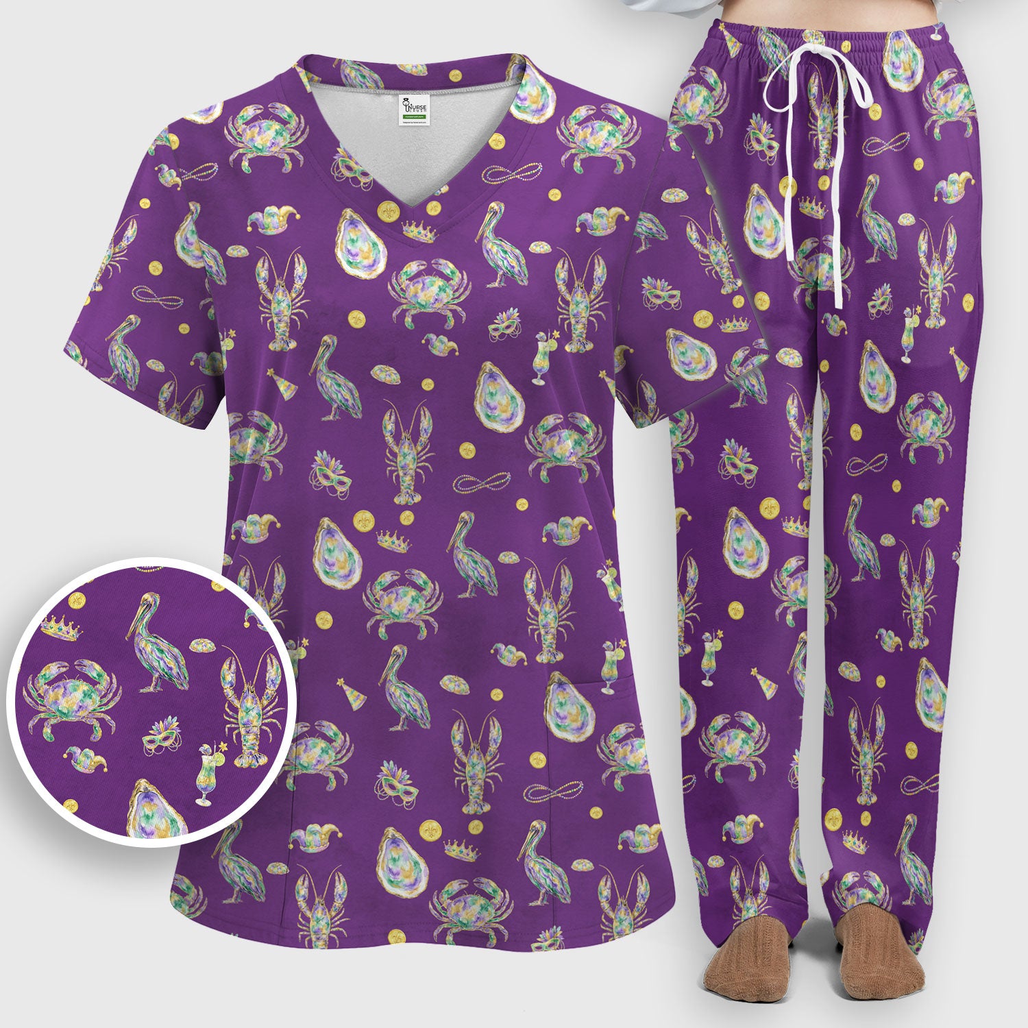 Mardi Gras Seafood Nurse Scrub Set, Comfortable Uniform Scrubs For Nursing