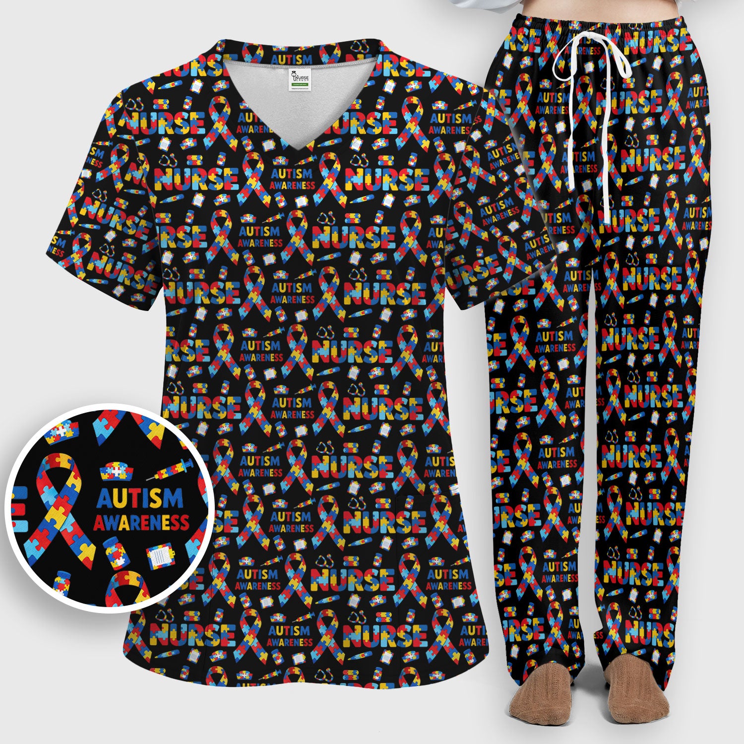 Autism Awareness Nurse Puzzle Ribbon Print Sets,  Breathable Med Uniform