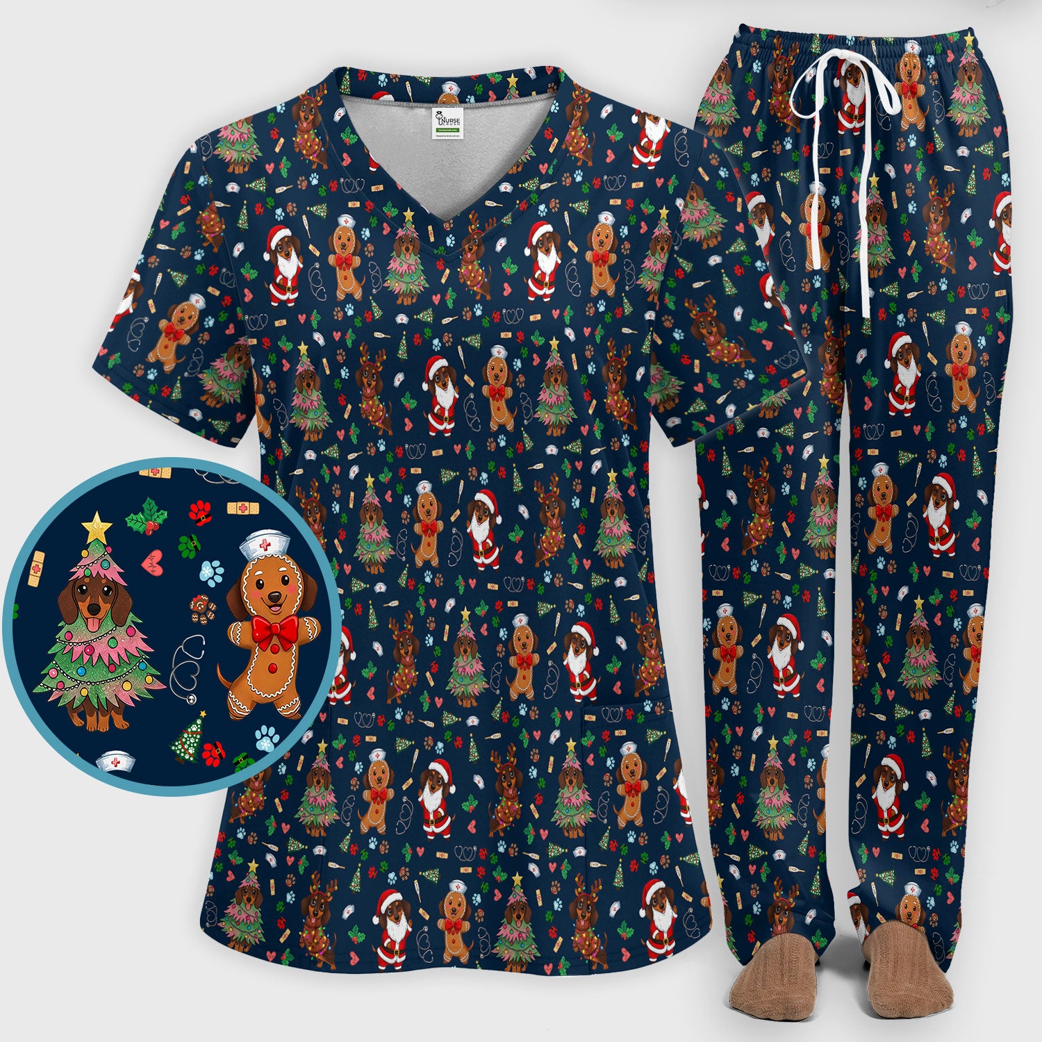 Wiener Dog Christmas Scrub Set – Funny Dachshund Pattern Medical Shirt – Festive Holiday Uniform for RN, LPN, CNA, and Vet Techs
