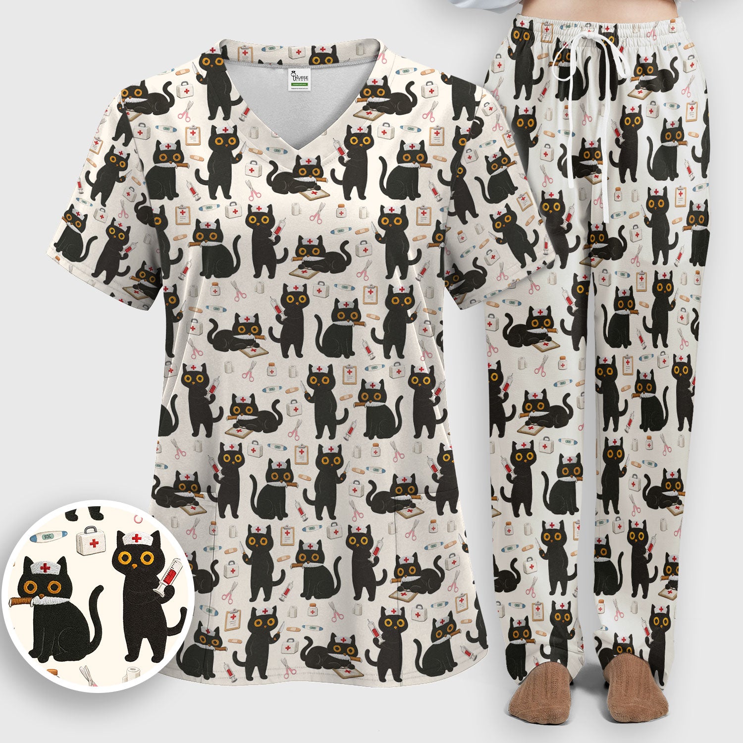 Cute Black Cat Nurse Pattern Women's Scrub Set, Breathable Med Uniform