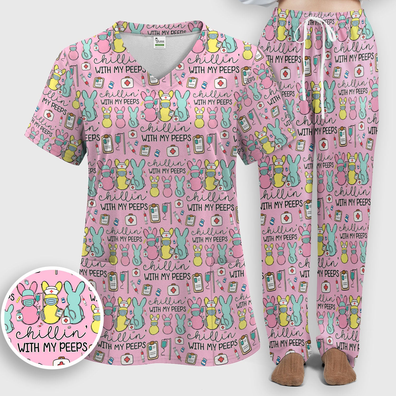 Cute Bunny Nurse Chillin With My Peeps Scrub, Women's Scrub Sets