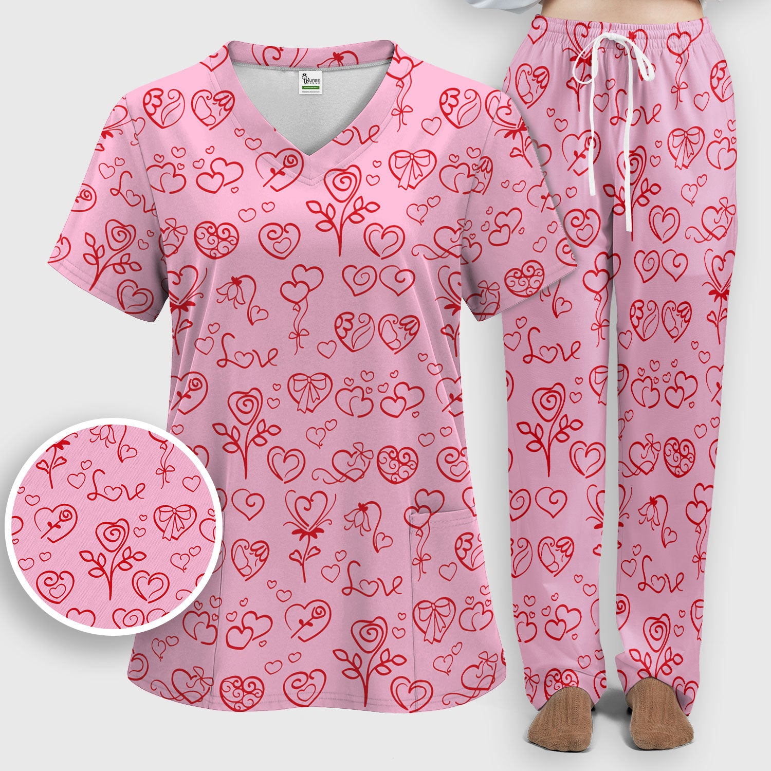 Cute Valentine Heart Scrub Set, Artistic Heart Pink Love Line Art Pattern Nurse Shirt, Comfortable Scrubs For Nursing