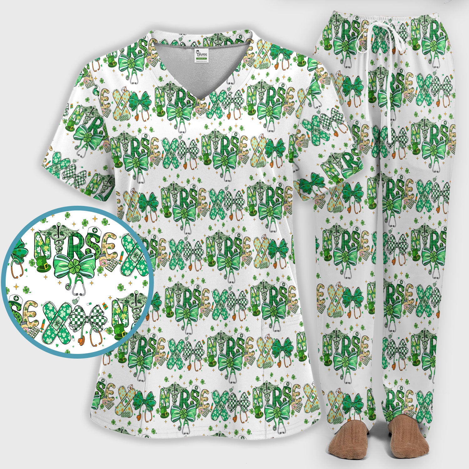St. Patrick’s Nurse Scrub Set, Lucky Clover And Green Bow Pattern Nurse Shirt, Breathable Fabrics Nursing Uniform