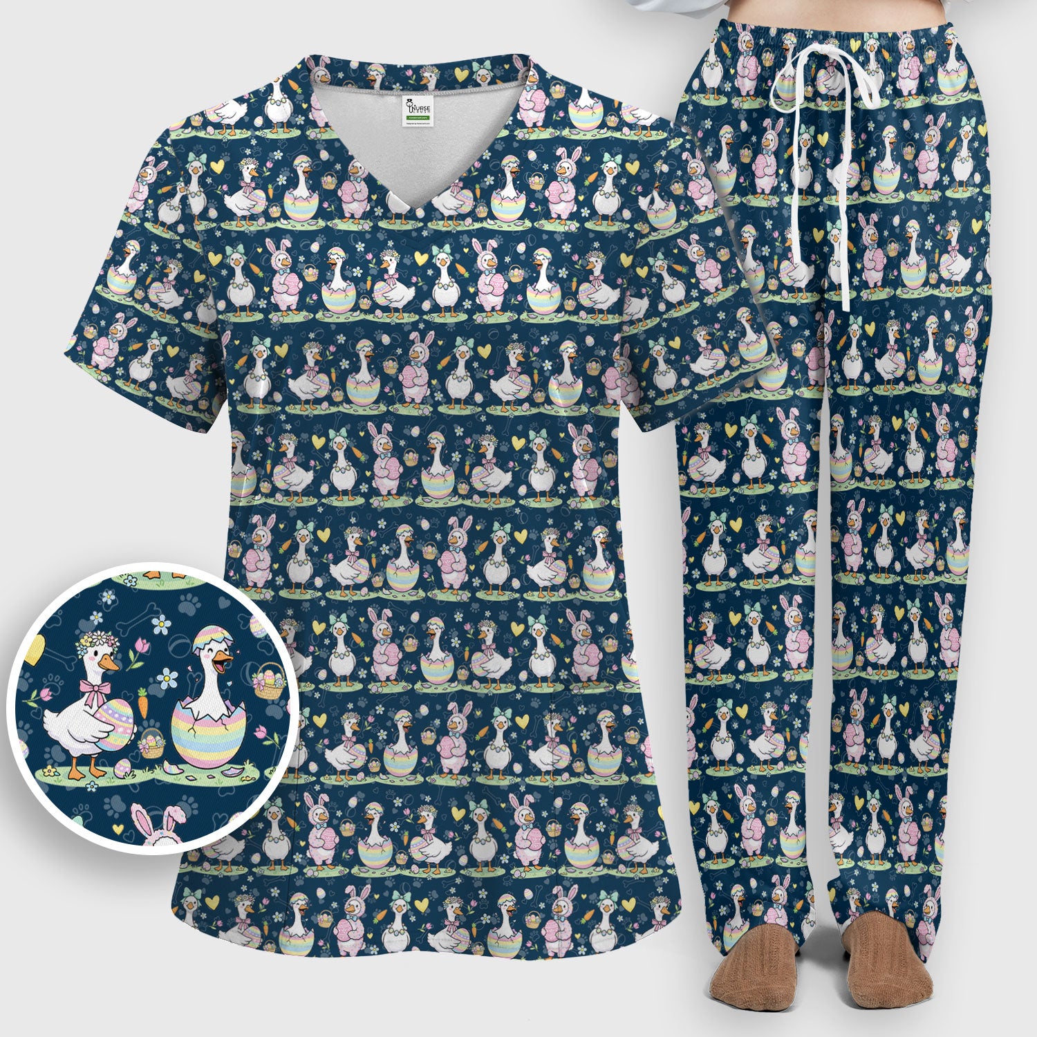 Spring Easter Goose and Bunny Print Scrub Set, Breathable Med Uniform