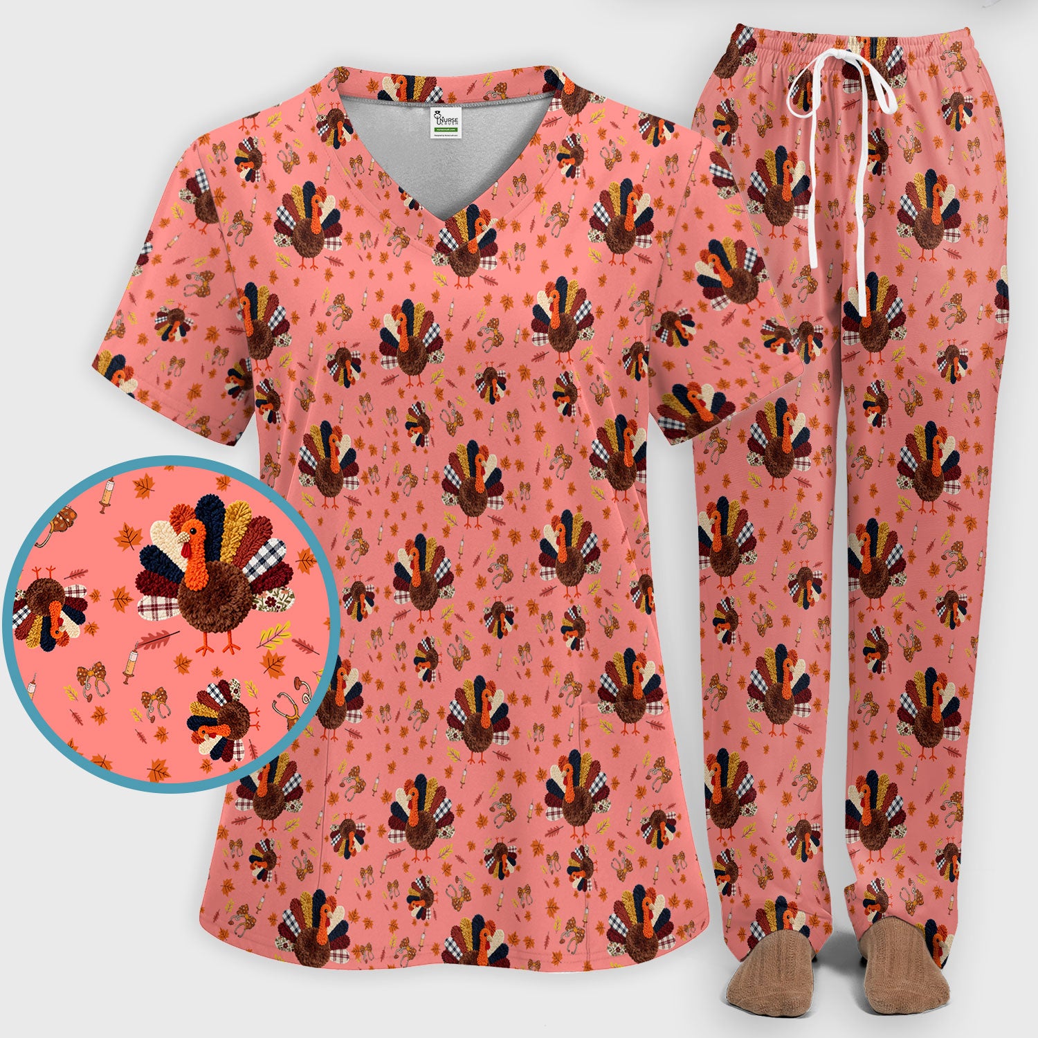 Thanksgiving Women's Scrub Sets - Funny Autumn Turkey Pants and V Neck Top - Breathable Fabrics Nursing Uniform