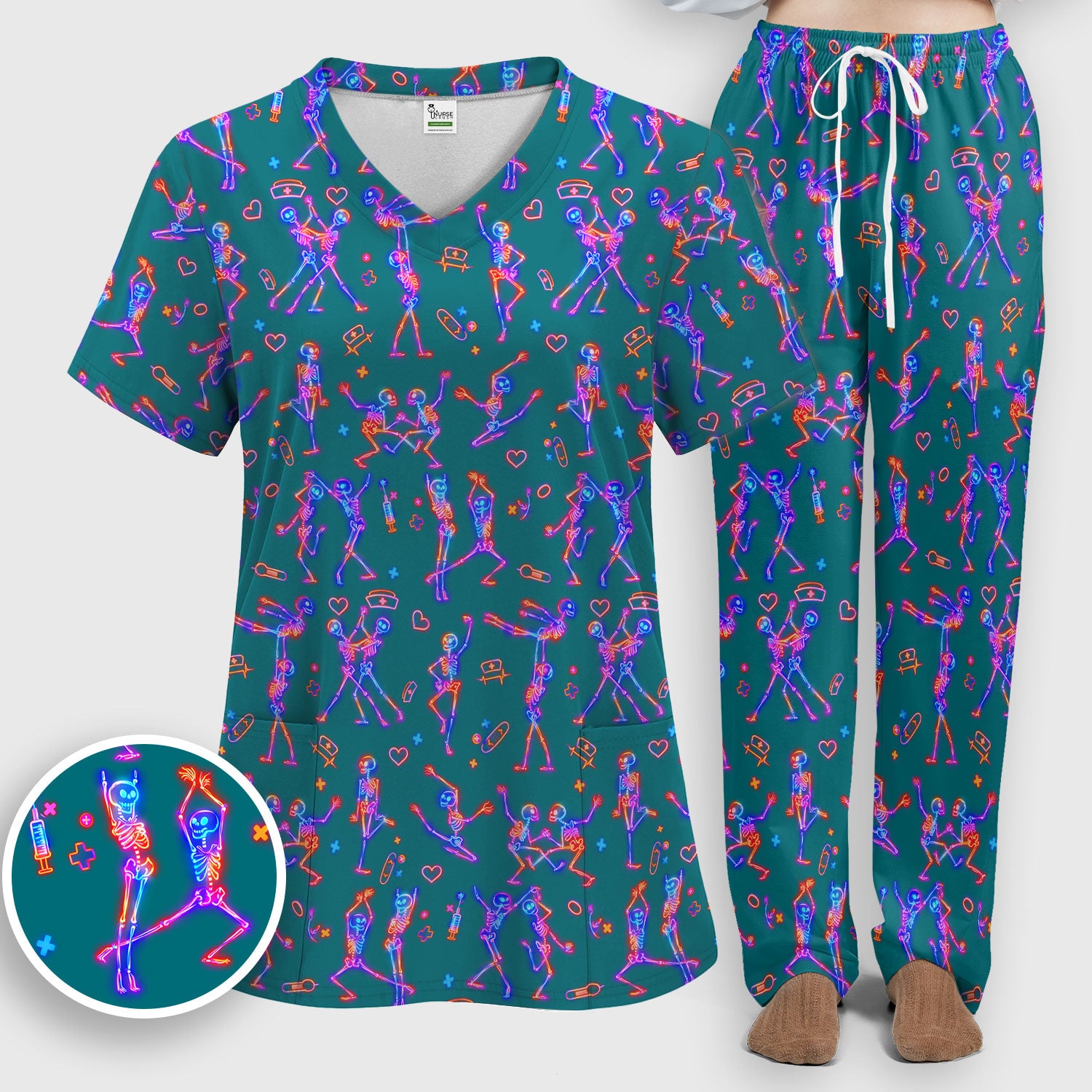 Neon Dancing Skeleton Medical Pattern Set, Scrub Pants and V Neck Top