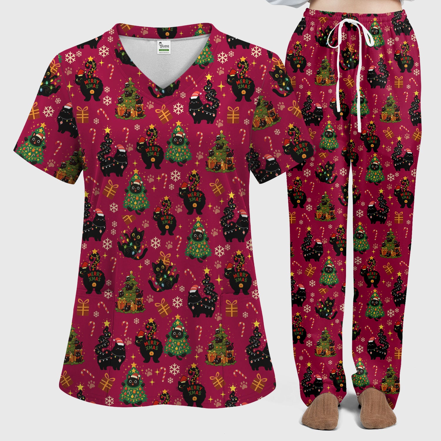 Christmas Cat Scrub Set for Women - Black Cat and Tree Pattern Holiday Nurse Scrubs - Cute Gift for RN LPN CNA