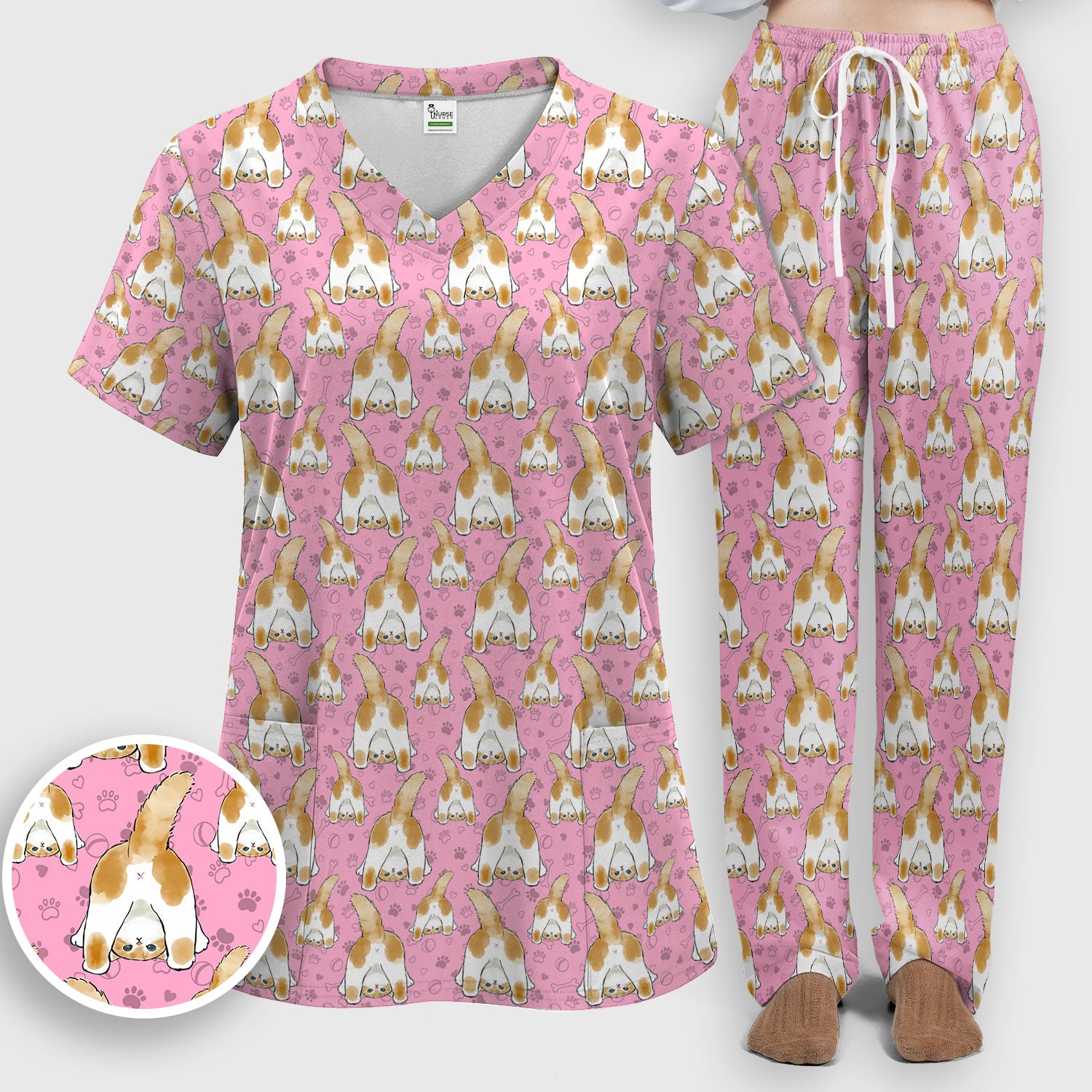Cute Cat Butt Nurse Scrub Set, Cat Pattern Medical Shirt For Pet Lover, Breathable Fabrics Nursing Uniform