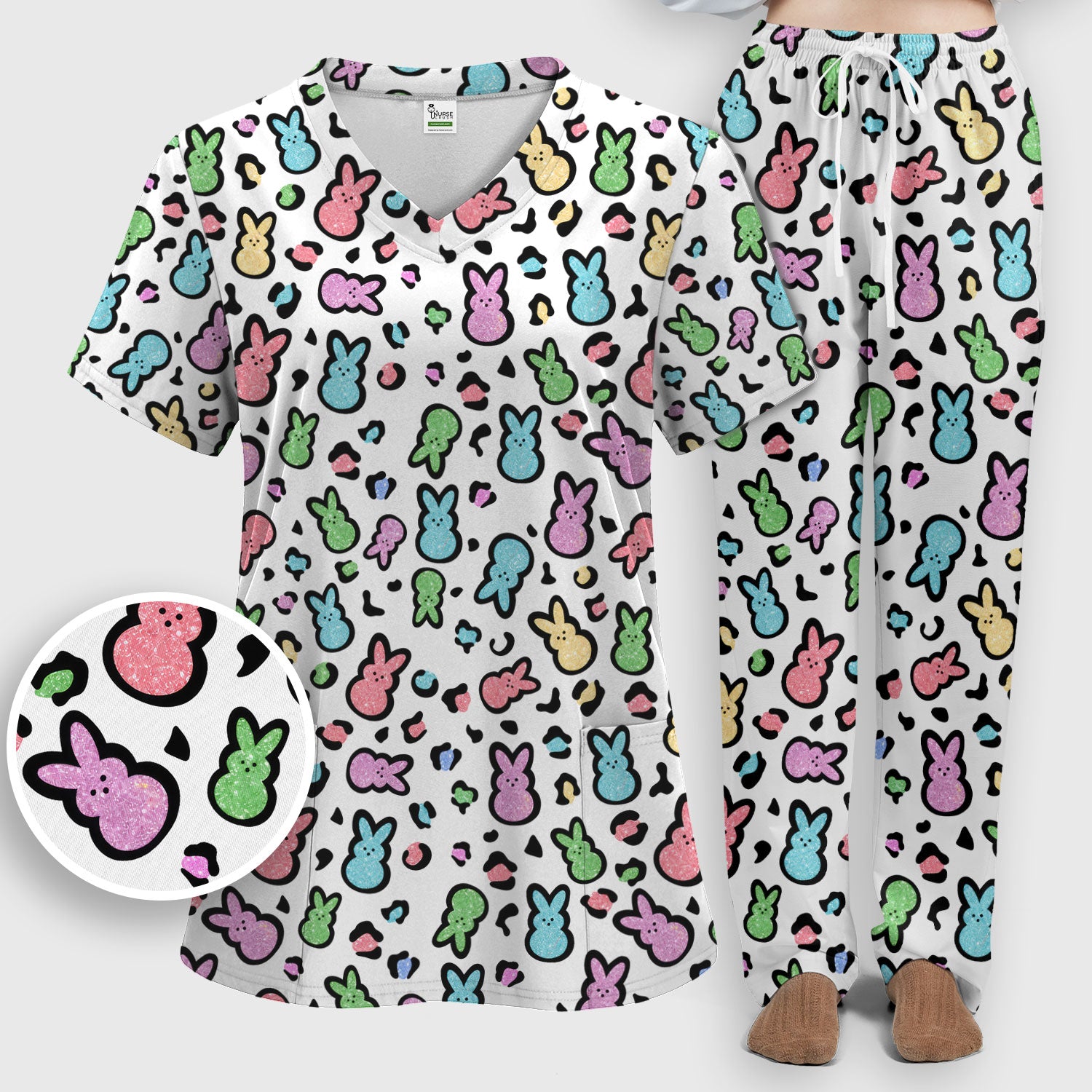 Cute Easter Bunny Pastel Pattern Scrub Set, Scrub Pants and V Neck Top
