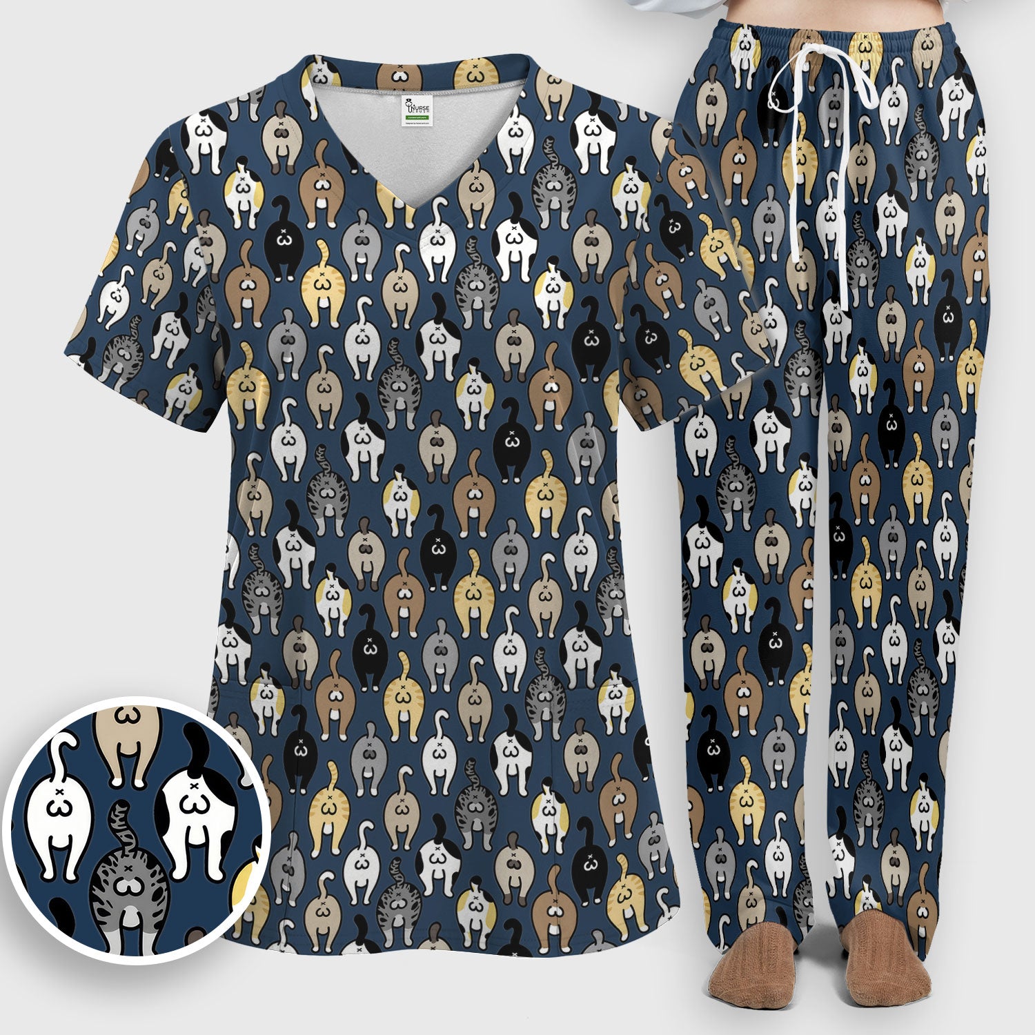 Cat Lover Nurse Scrub Set, Funny Cat Butt Pattern Medical Shirt, Breathable Fabrics Nursing Uniform