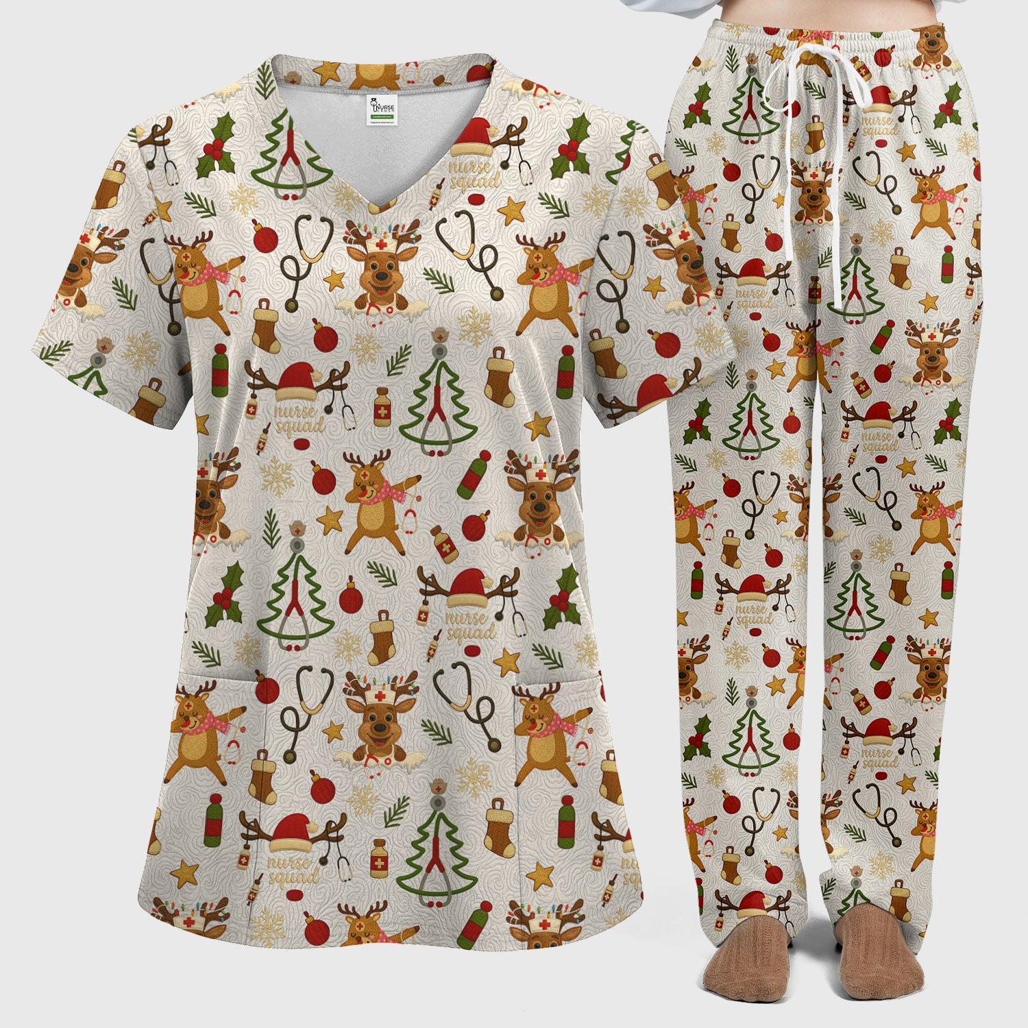 Christmas Reindeer Nurse Scrub Set for Women - Cute Holiday Pattern Scrub Top and Pants - Funny Festive Nursing Outfit Gift for RN LPN CNA