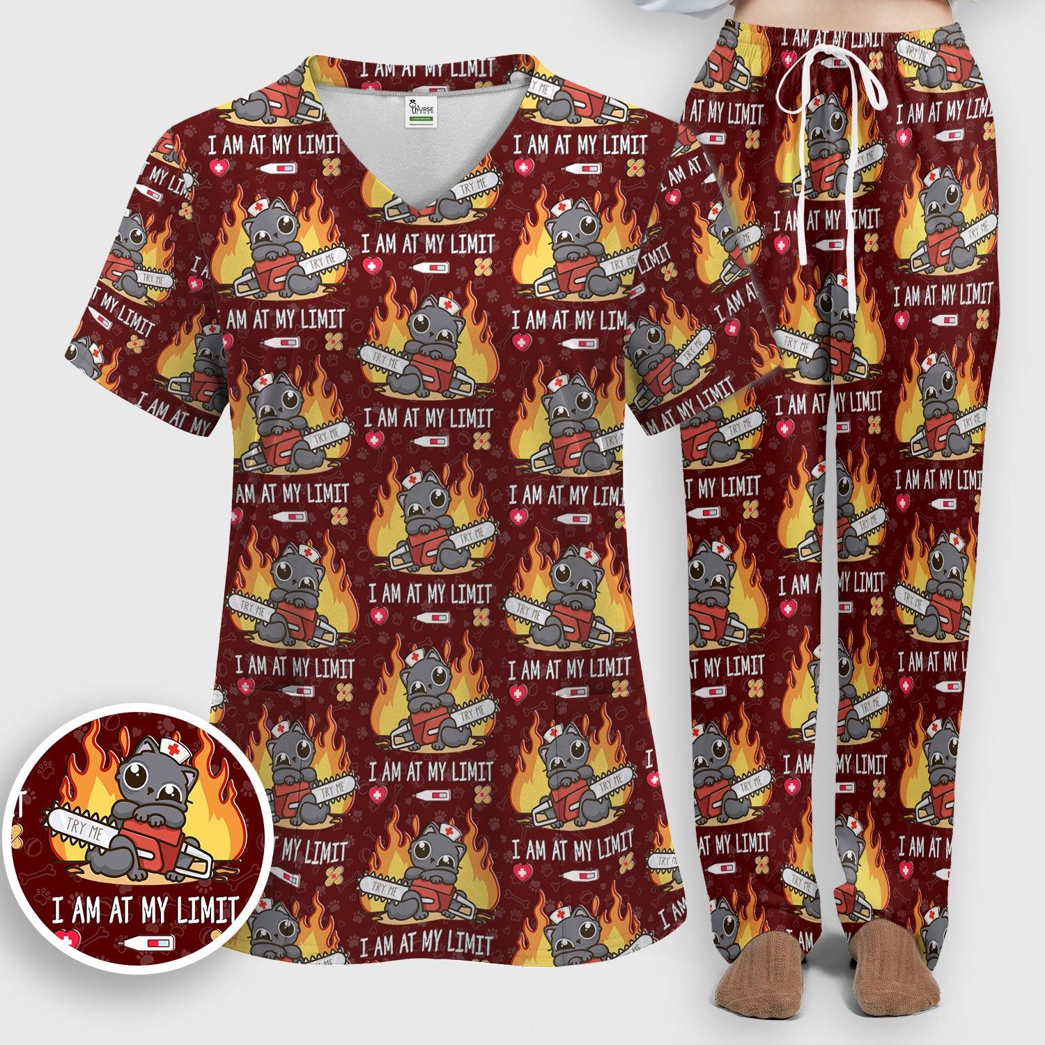 Funny Nurse Cat I Am At My Limit Women's Scrub Set, Breathable Med Uniform