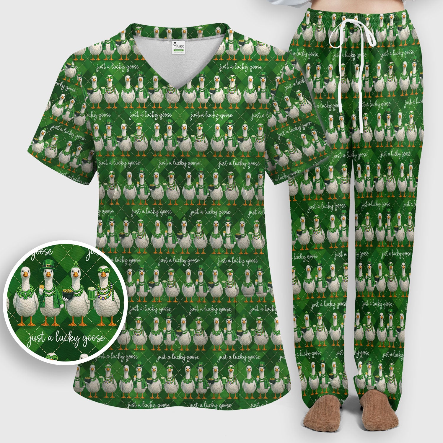 Lucky Goose St Patrick Green Argyle Print Set, Breathable Med Uniform