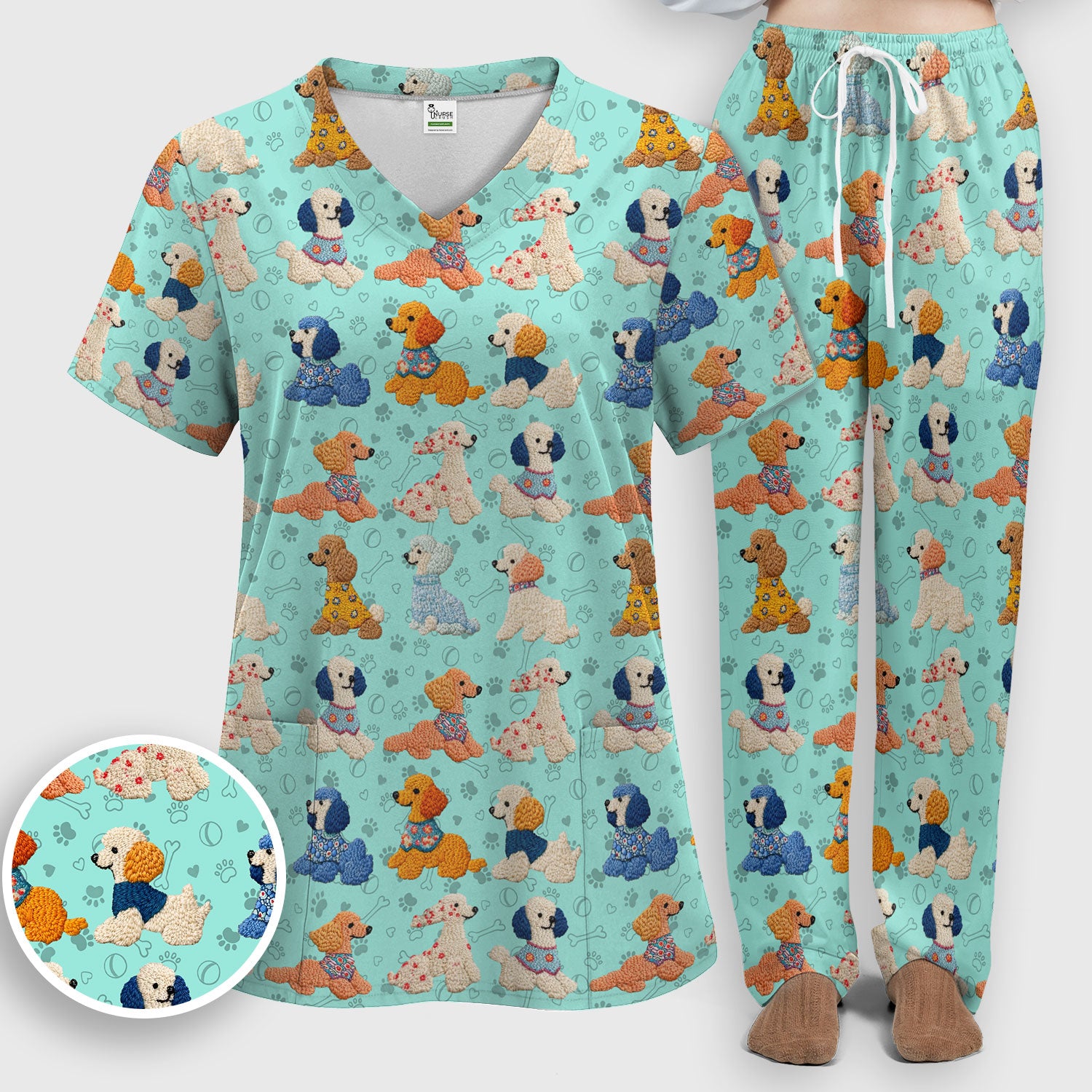 Cute Colorful Poodle Pattern Scrub Set, Scrub Pants and V Neck Top