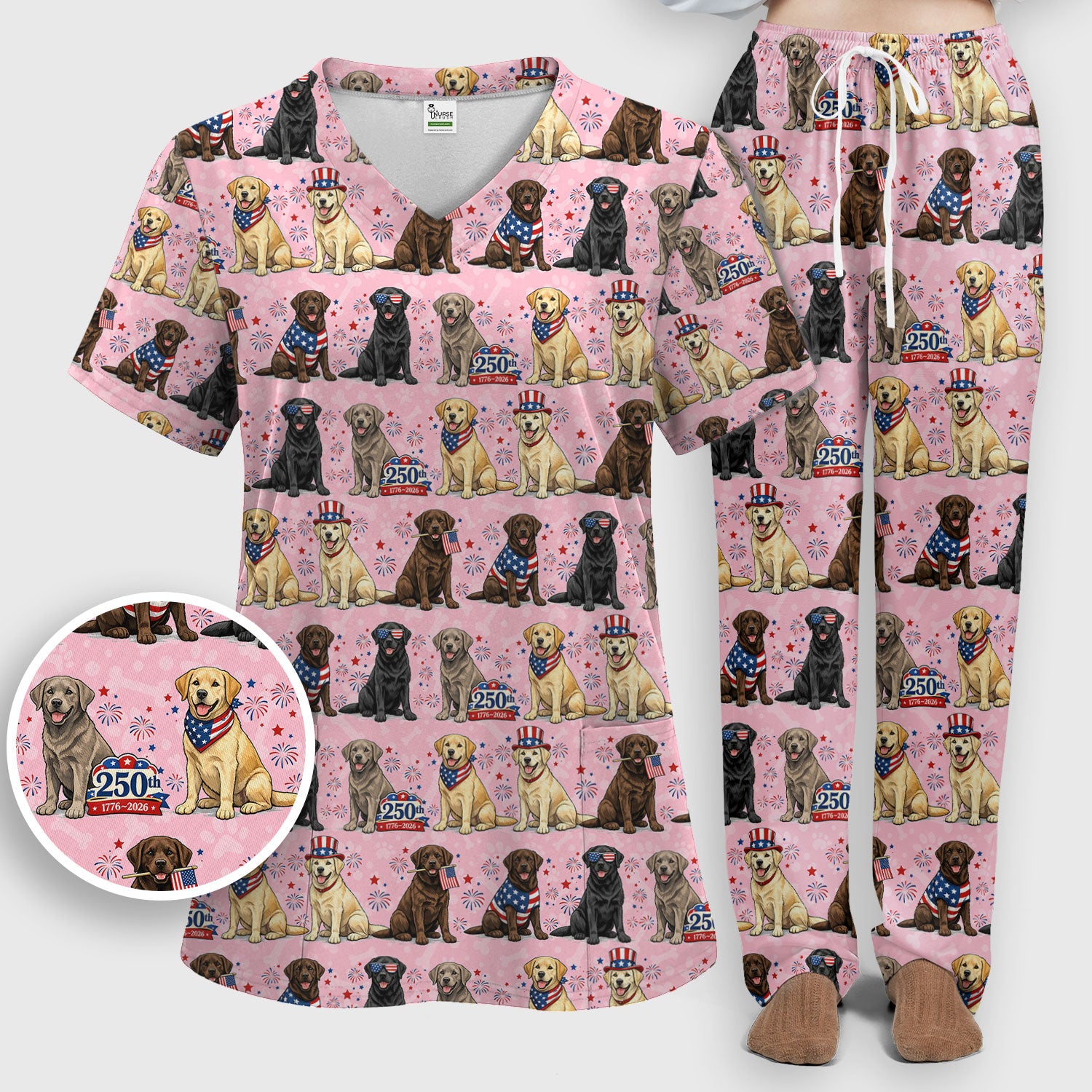 4th of July Labrador Dog Patriotic Print Scrub Set, Scrub Pants and V Neck Top