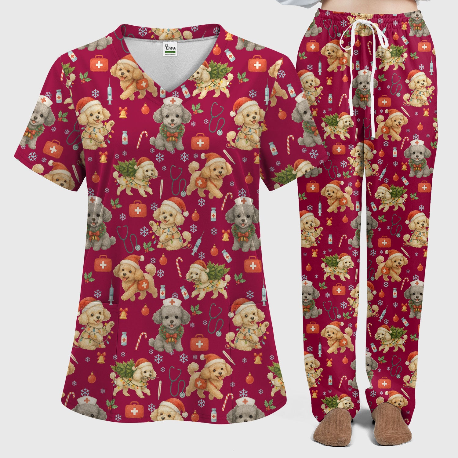 Christmas Dog Nurse Scrub Set for Women - Cute Puppy Pattern Scrub Top and Pants - Funny Holiday Nursing Outfit Gift for RN LPN CNA