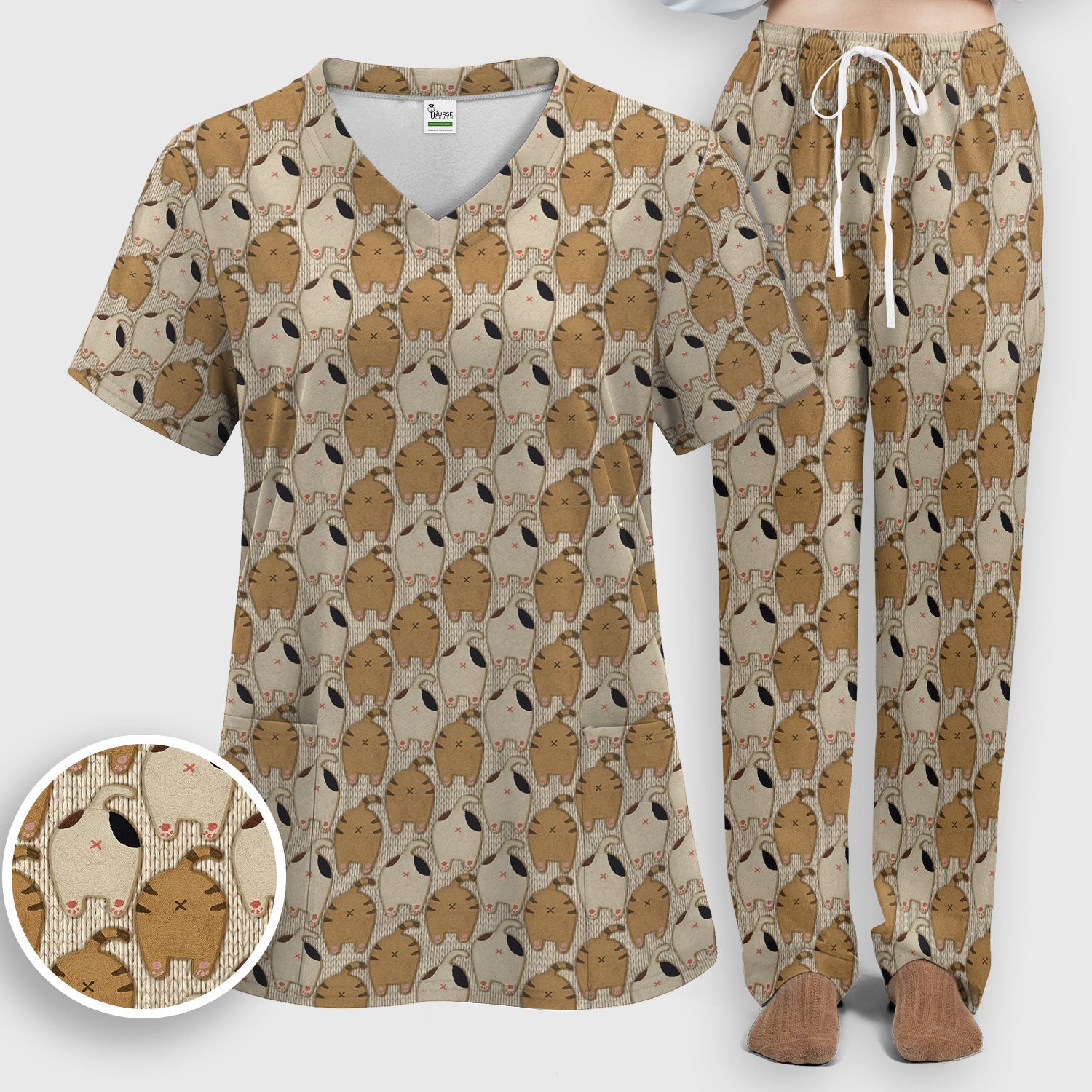 Cute Cat Nurse Scrub Set, Cozy Minimal Animal Pattern Medical Shirt, Breathable Fabrics Nursing Uniform