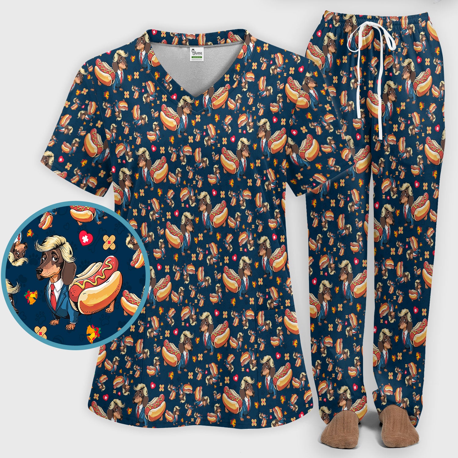 Dachshund Hot Dog Nurse Scrub Set - Funny Sausage Dog Pants and V Neck Top - Medical Uniform Gift