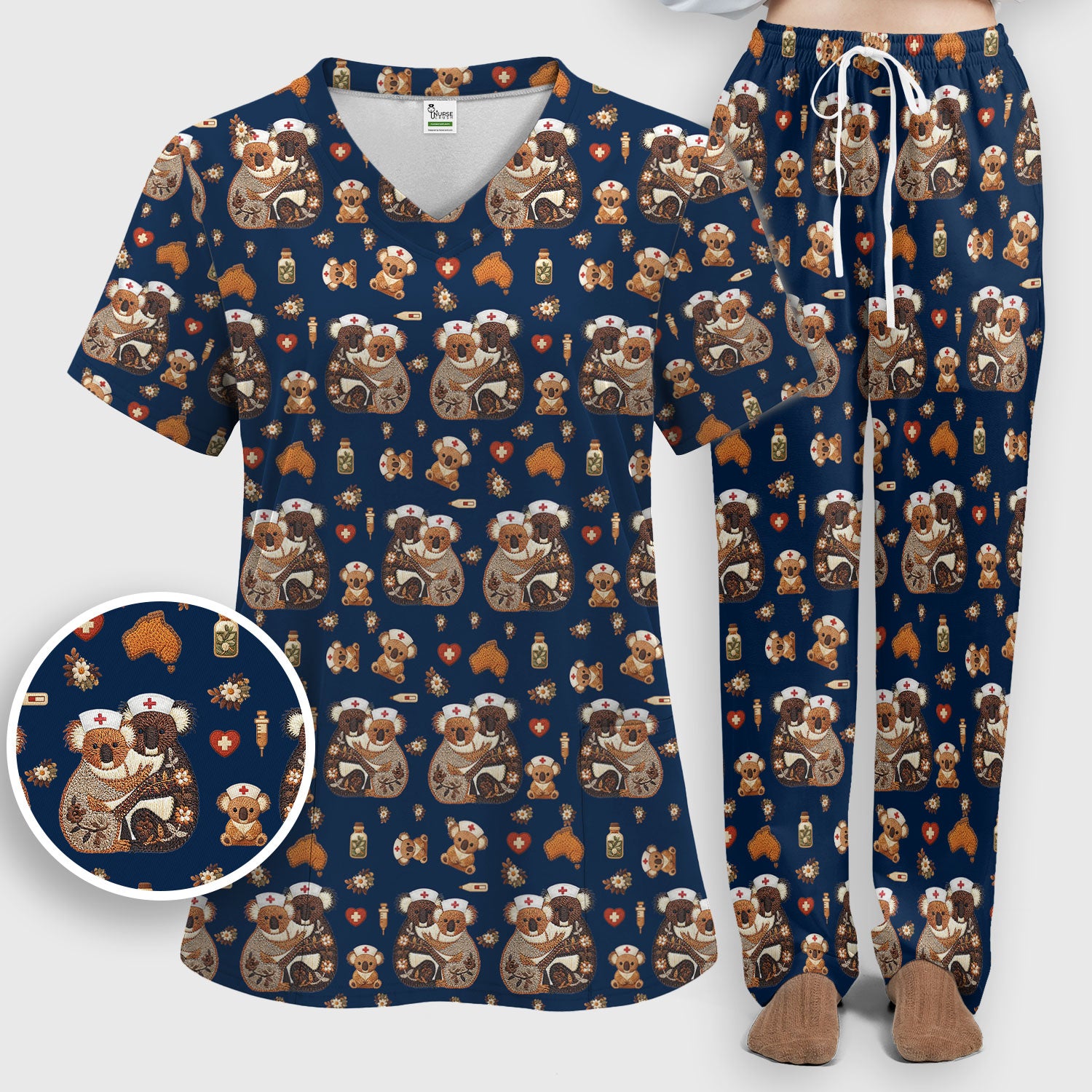 Cute Cartoon Koala Valentine Nurse Design Scrub Set, Breathable Med Uniform