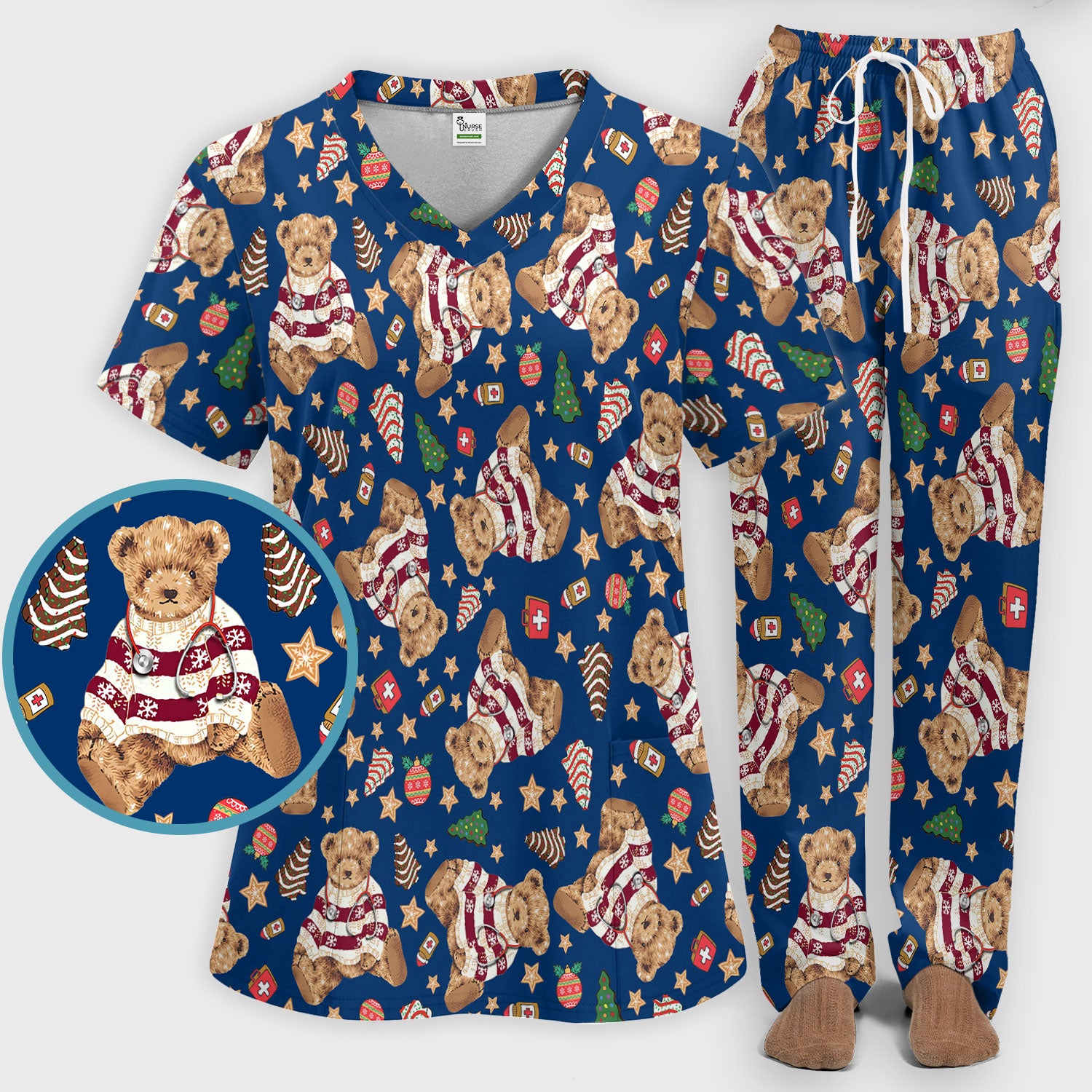 Teddy Bear Christmas Scrub Set - Festive Scrubs Pants and V Neck Top for Women - Gift for Nurses RN CNA LPN