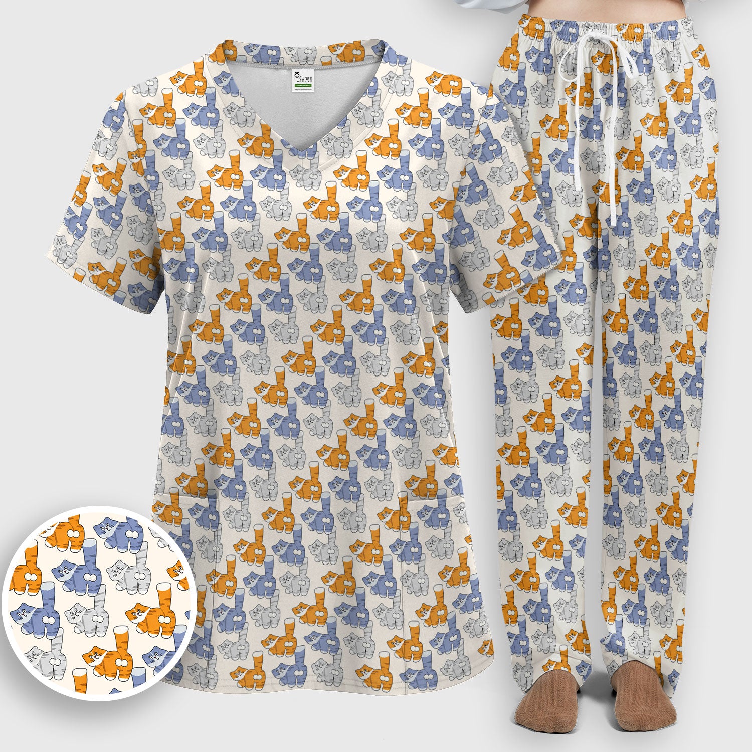 Cute Cartoon Cat Pattern Women’s Scrub Set, Breathable Med Uniform