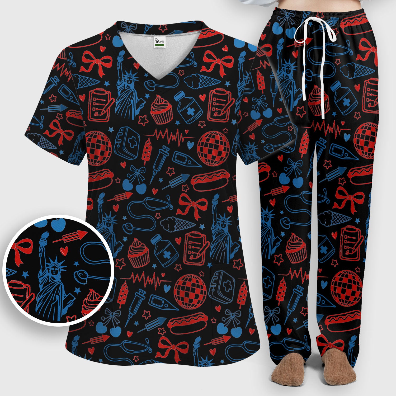 Patriotic Nurse Medical Icons Pattern Scrub Set, Scrub Pants and V Neck Top