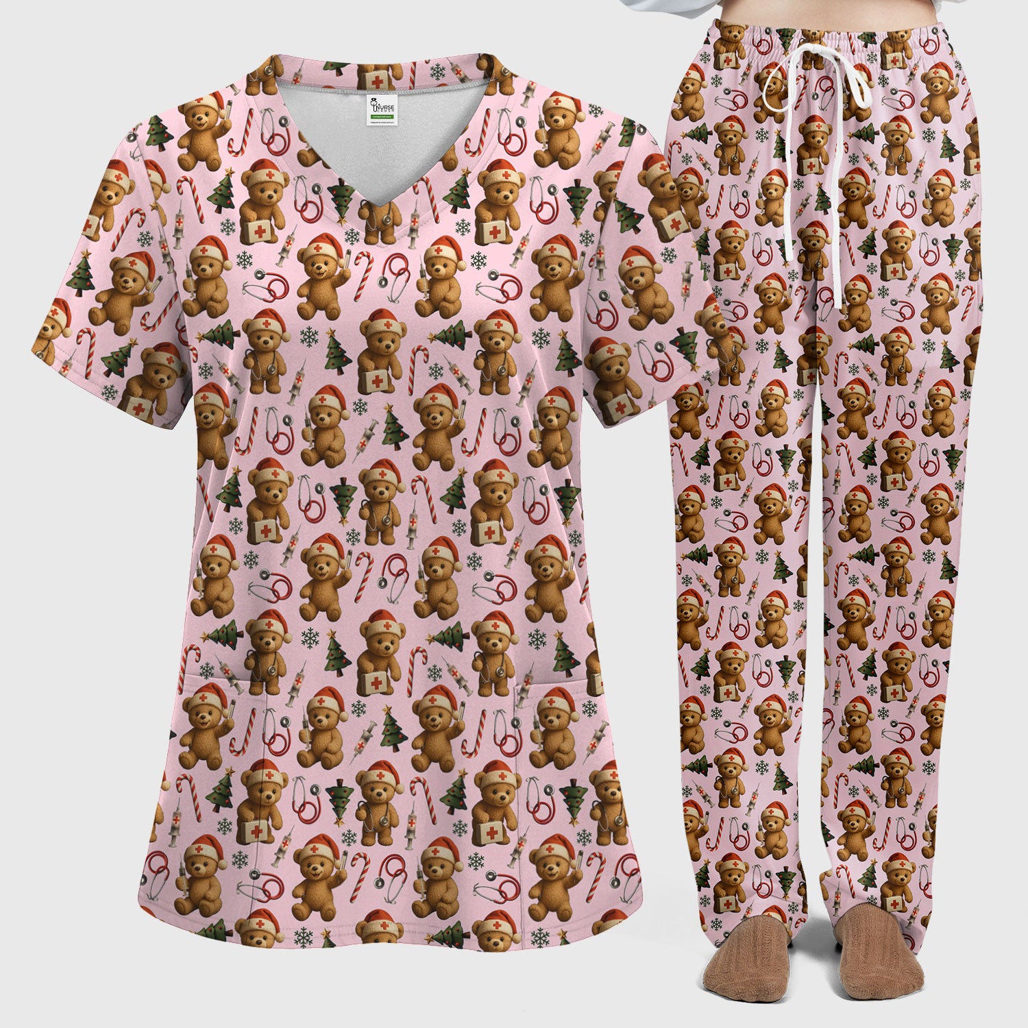 Gingerbread Bear Nurse Christmas Scrub Set - Cute Holiday Medical Pattern with Stethoscopes & Candy Canes - Festive Scrubs for Women