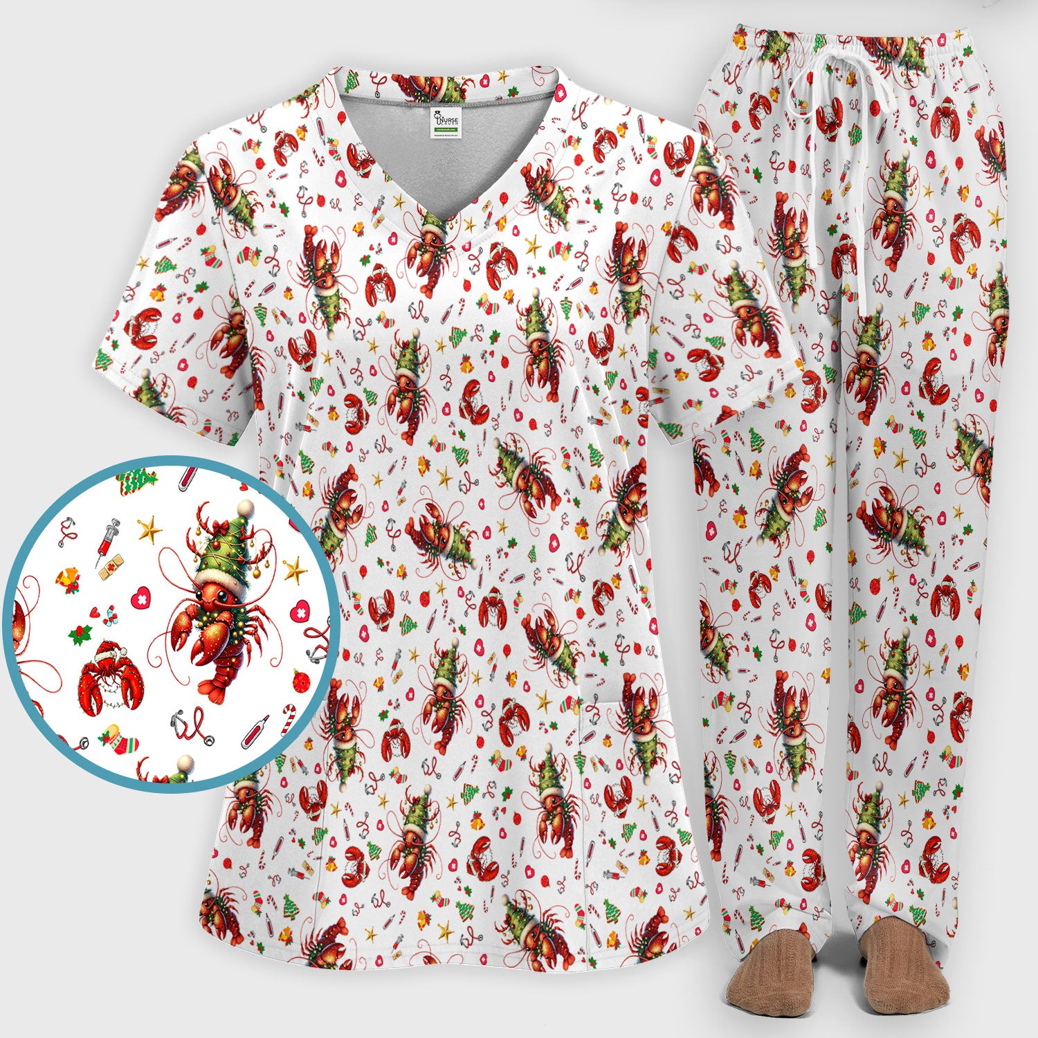 Whimsical Crawfish Christmas Scrub Set – Southern Christmas Cajun Holiday Crawfish Pattern – Cute Medical Uniform for Nurses, Vets And Healthcare Workers