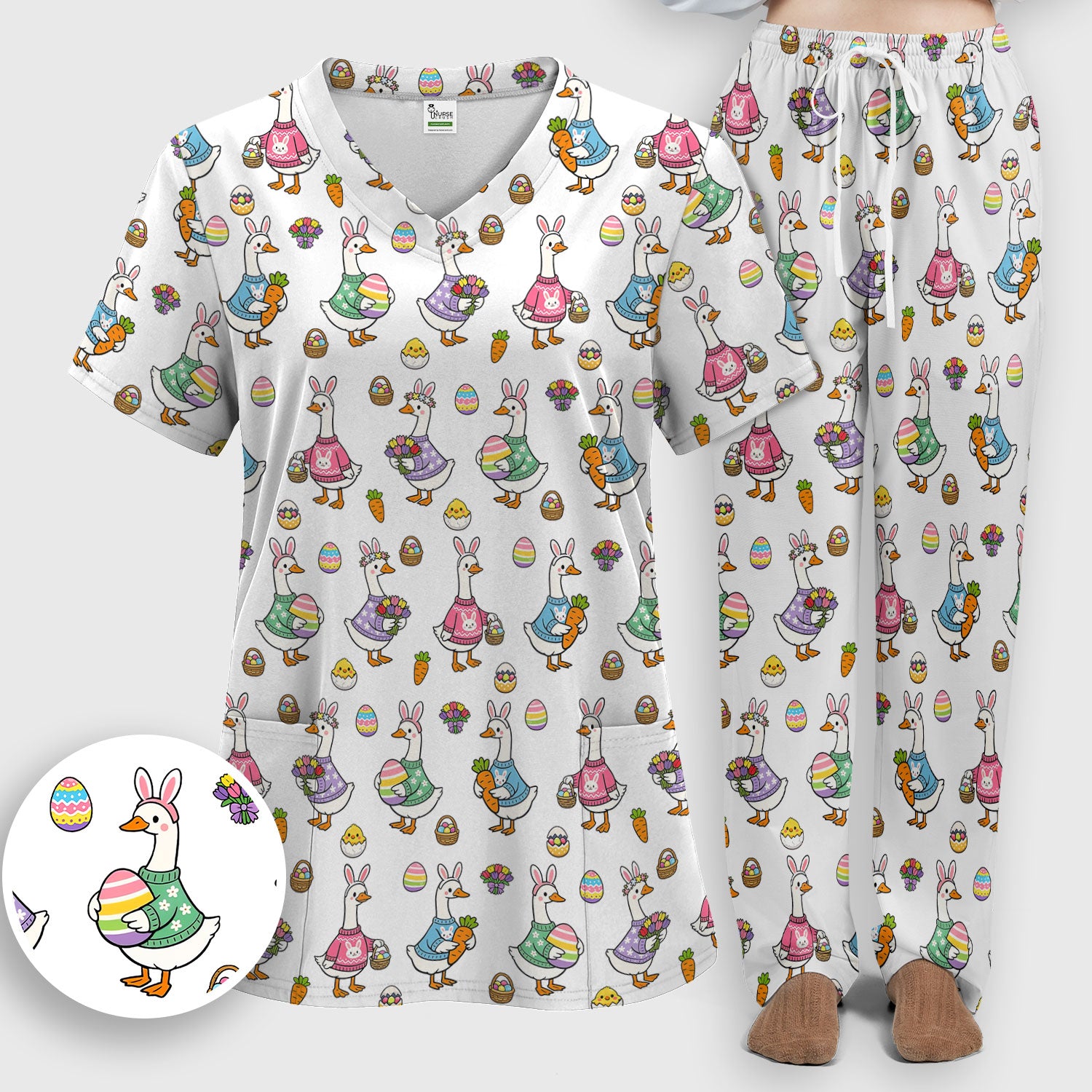 Cute Easter Goose Print Scrub Set, Breathable Med Uniform