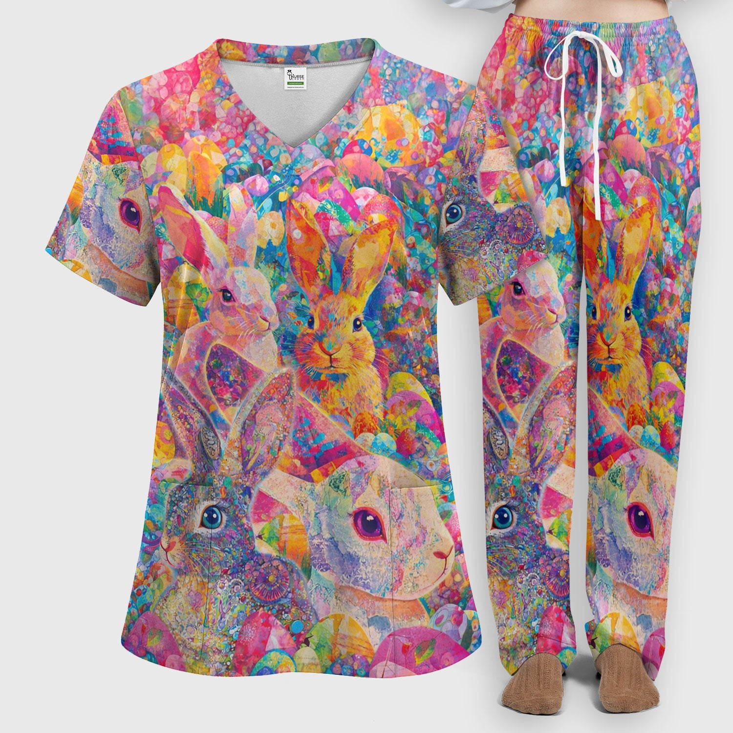 Colorful Artistic Bunny Print Women's Scrub Set, Breathable Med Uniform