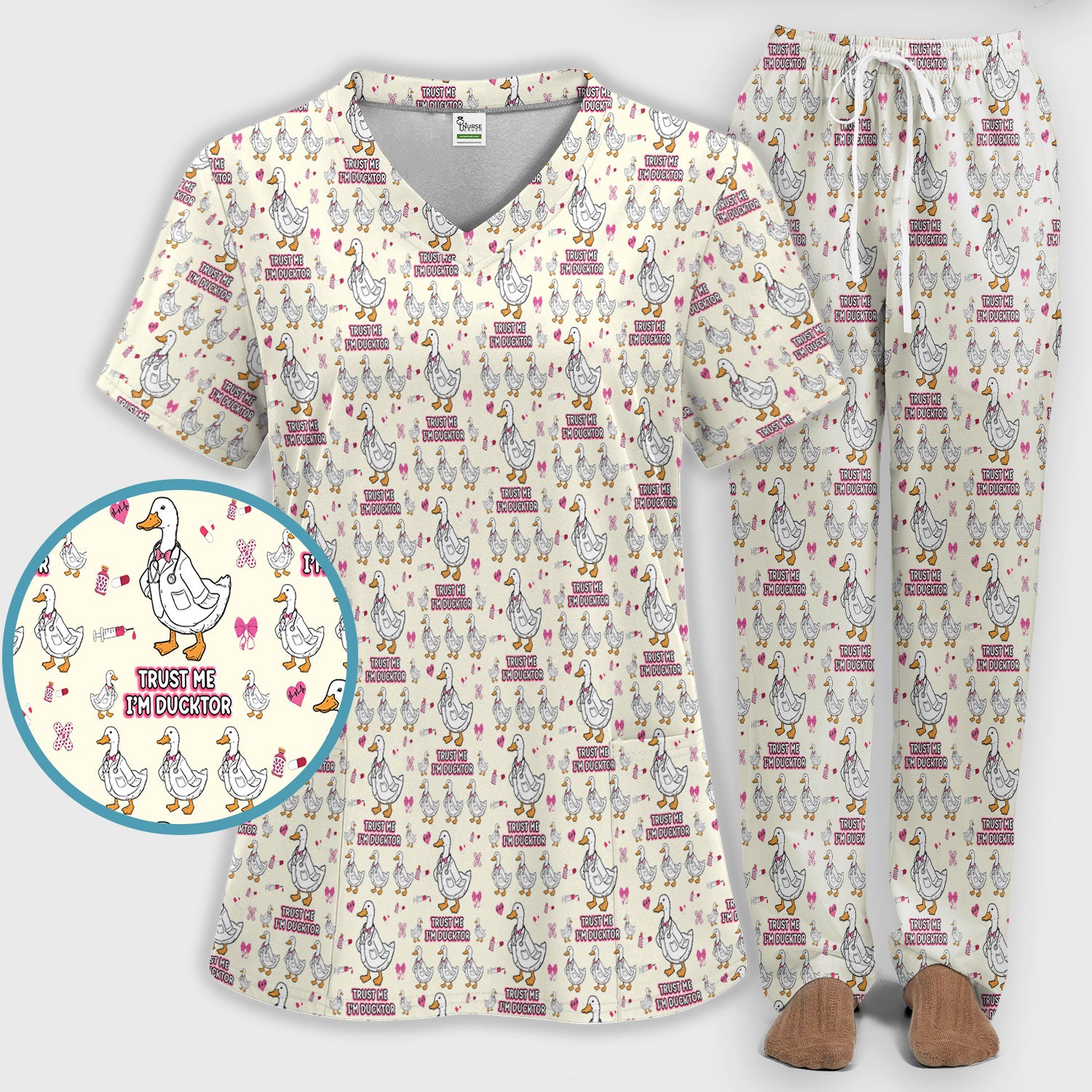 Trust Me I'm Ducktor Scrub Set, Funny Duck Pattern Scrub Shirt, Breathable Fabrics Nursing Uniform For Women