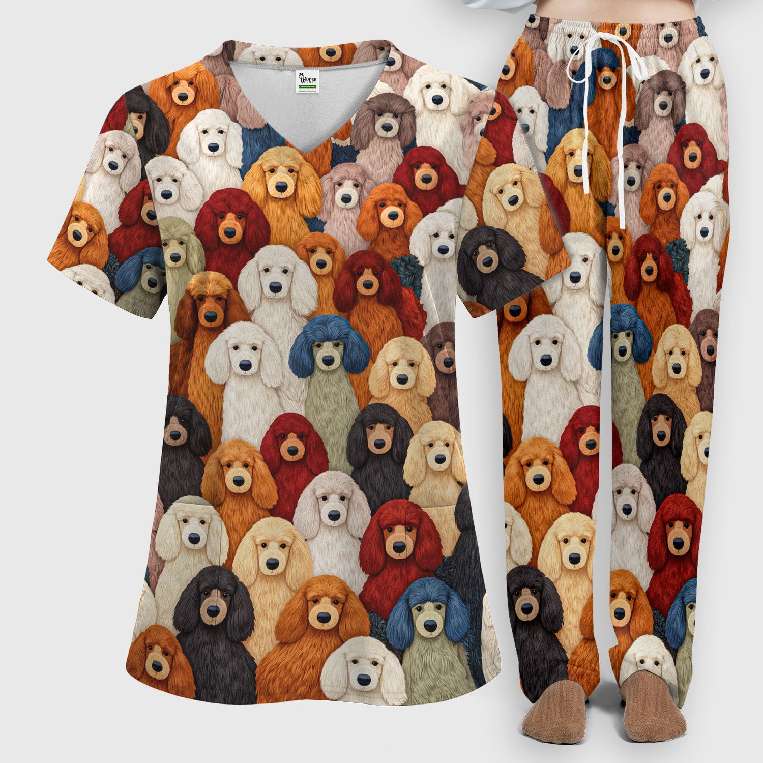 Multicolor Poodle Dog Pattern Scrub Set, Scrub Pants and V Neck Top
