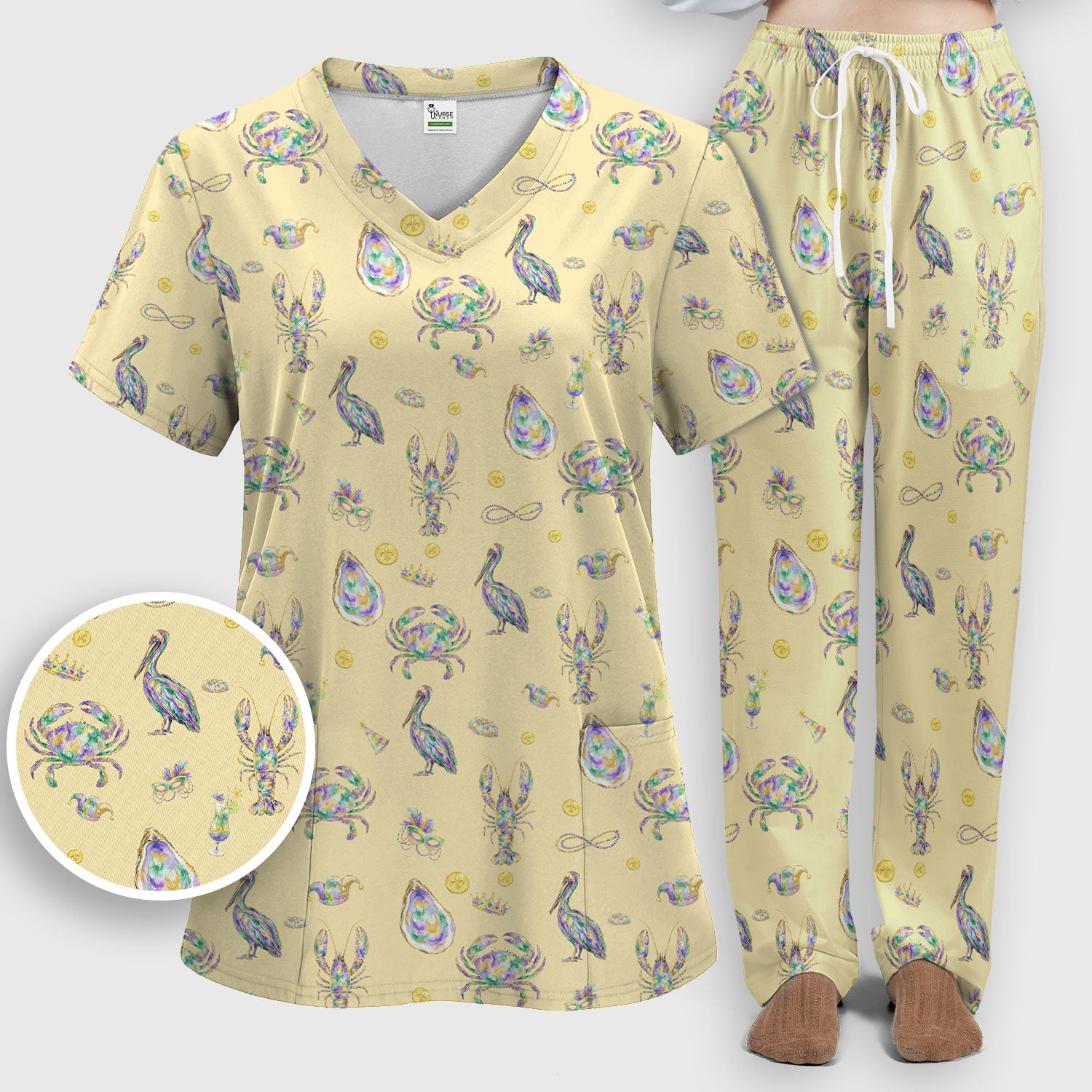 Mardi Gras Seafood Nurse Scrub Set, Comfortable Uniform Scrubs For Nursing