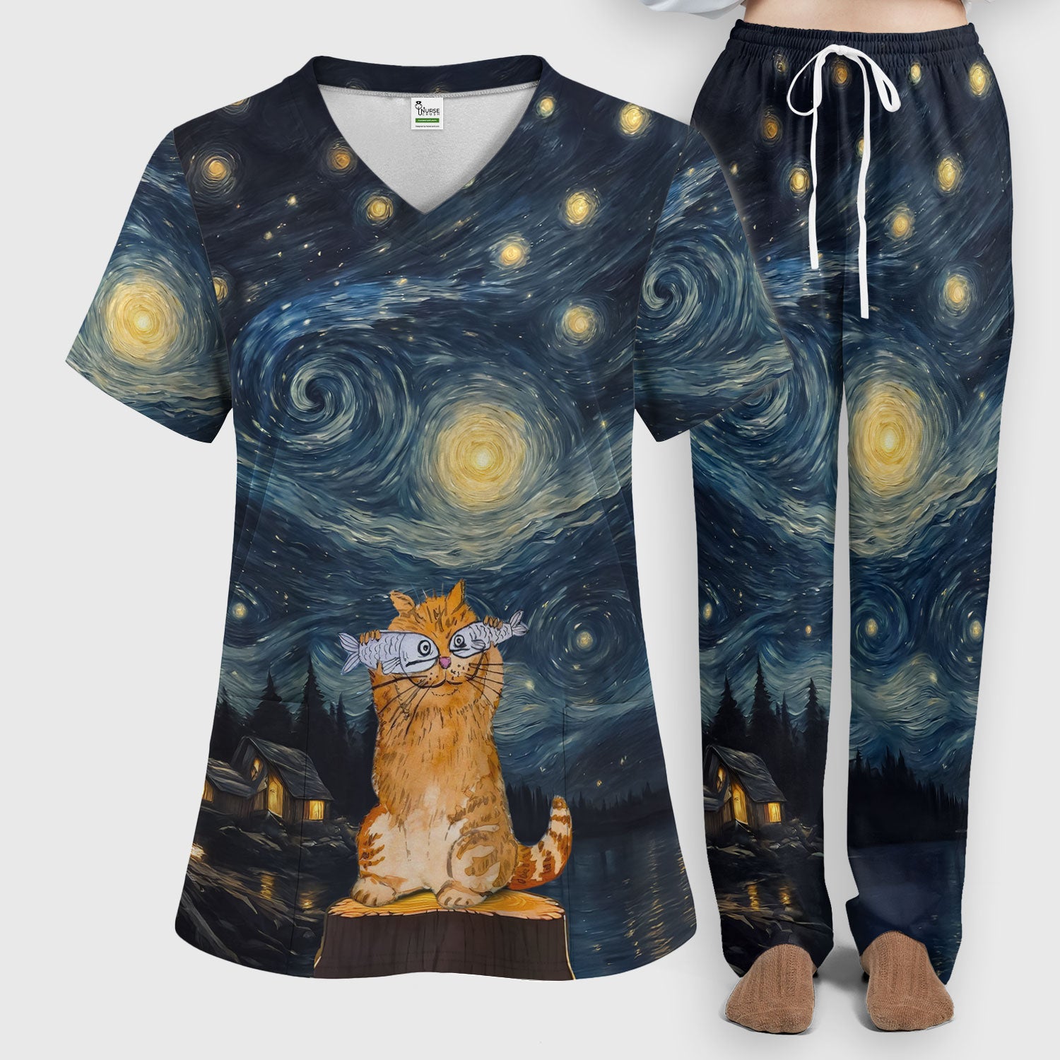 Cat Under Starry Night Sky Art Print Scrub Sets, Breathable Med Uniform