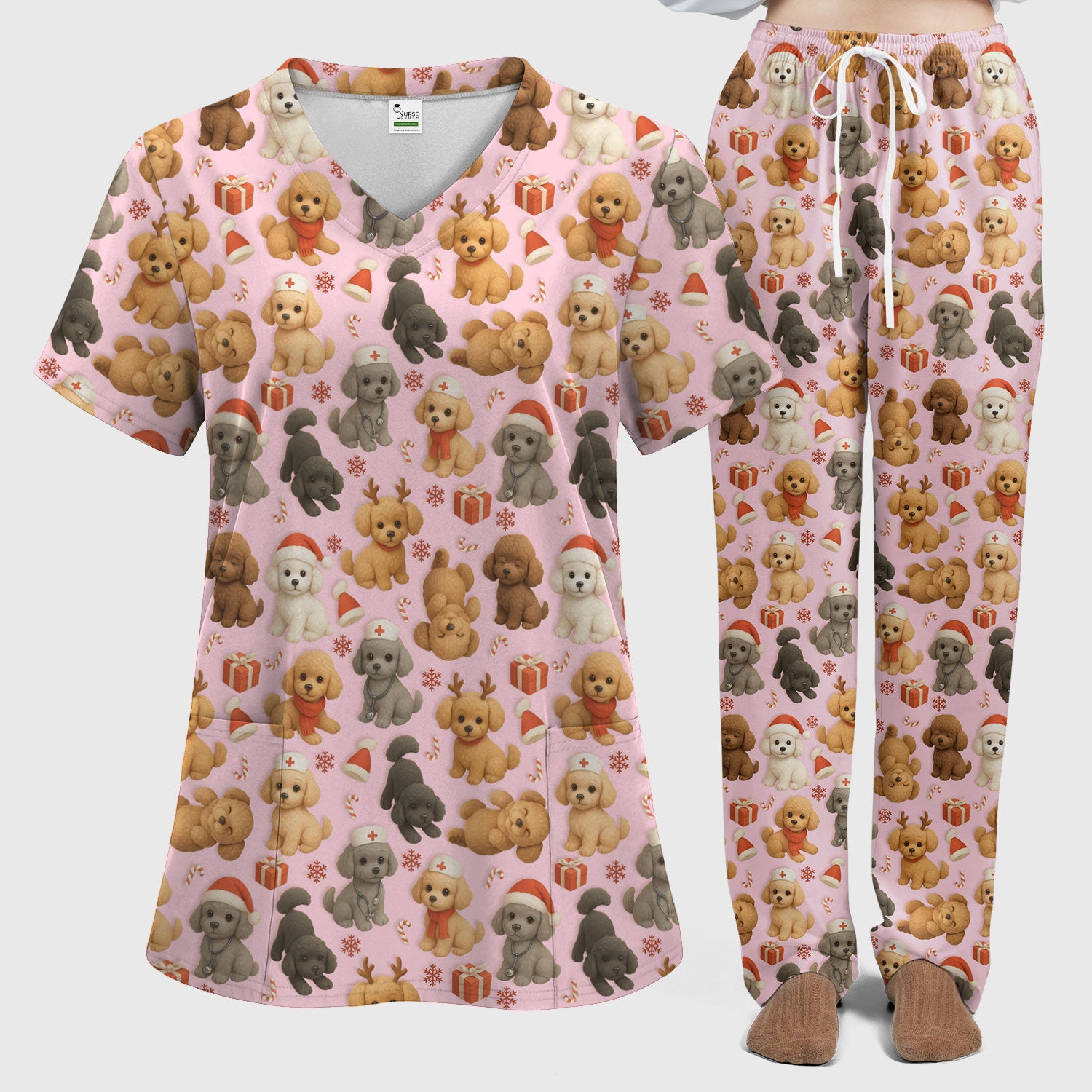Christmas Poodle Scrubs Set for Women - Cute Dog Pattern Scrub Top & Pants - Festive Holiday Christmas Scrubs with Adorable Poodle Design
