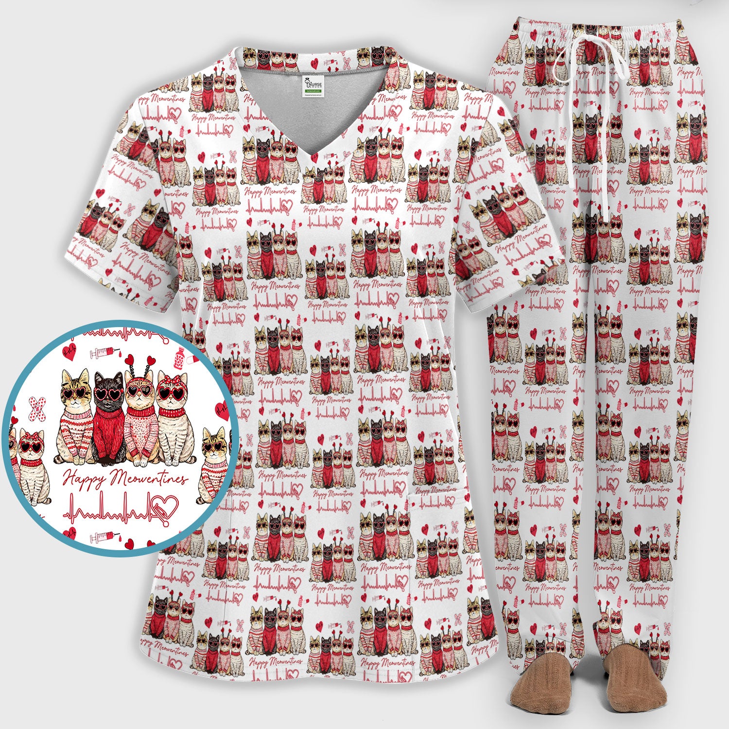 Happy Meowtines Cat Pattern Scrub Set, Valentine Cat Lover Nurse Scrub Shirt, Heartbeat Medical Pattern Nursing Uniform