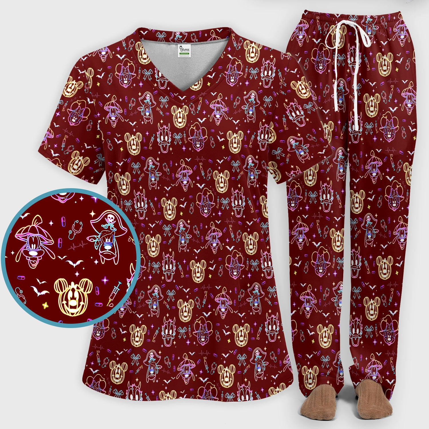 Neon Mouse Halloween Scrub Set for Nurses - Spooky Faces and Scary Pumpkin Scrub Pants and V Neck Shirt - Funny Med Uniform