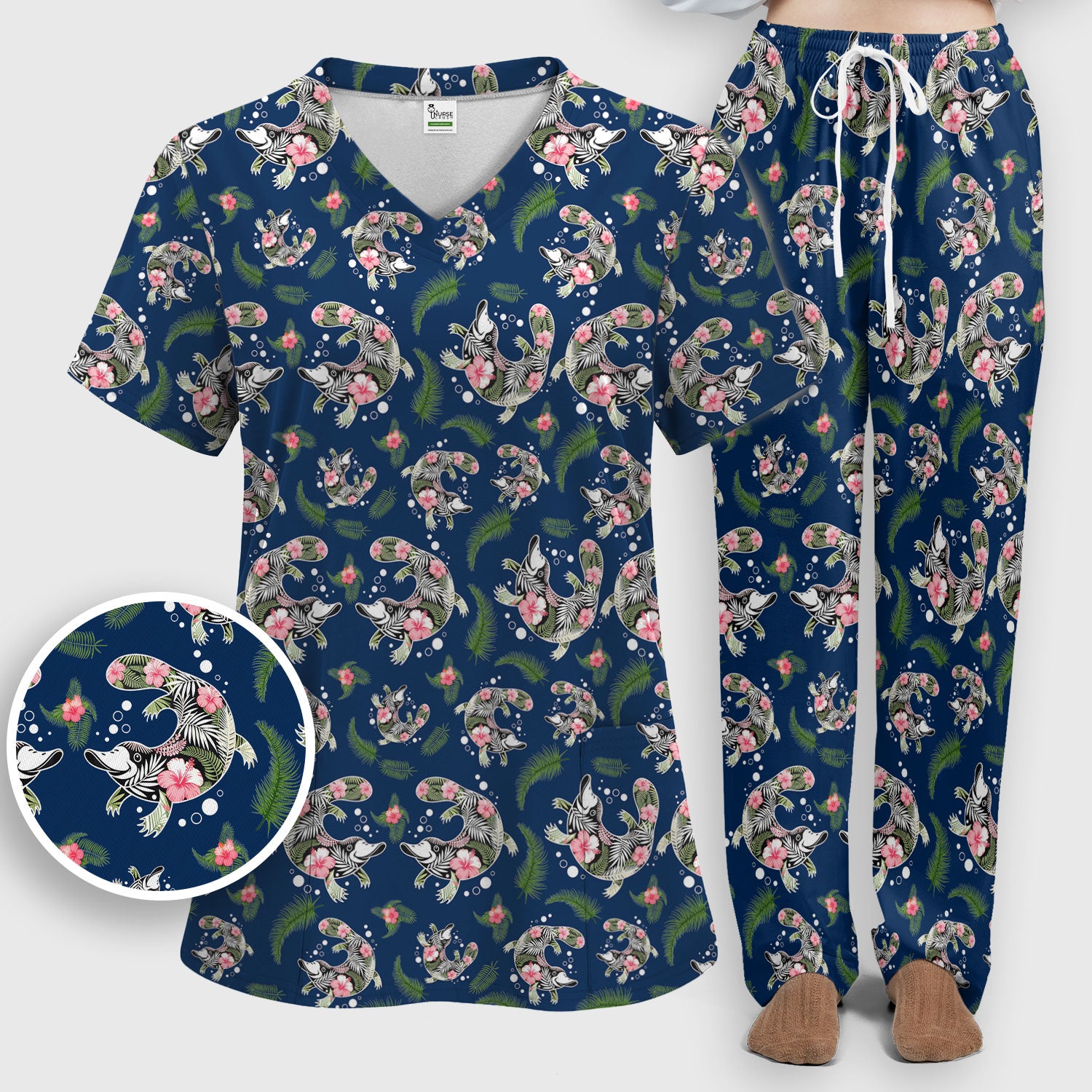 Cute Platypus Scrub Set, Tropical Floral Animal Pattern Nurse Shirt, Breathable Fabrics Nursing Uniform