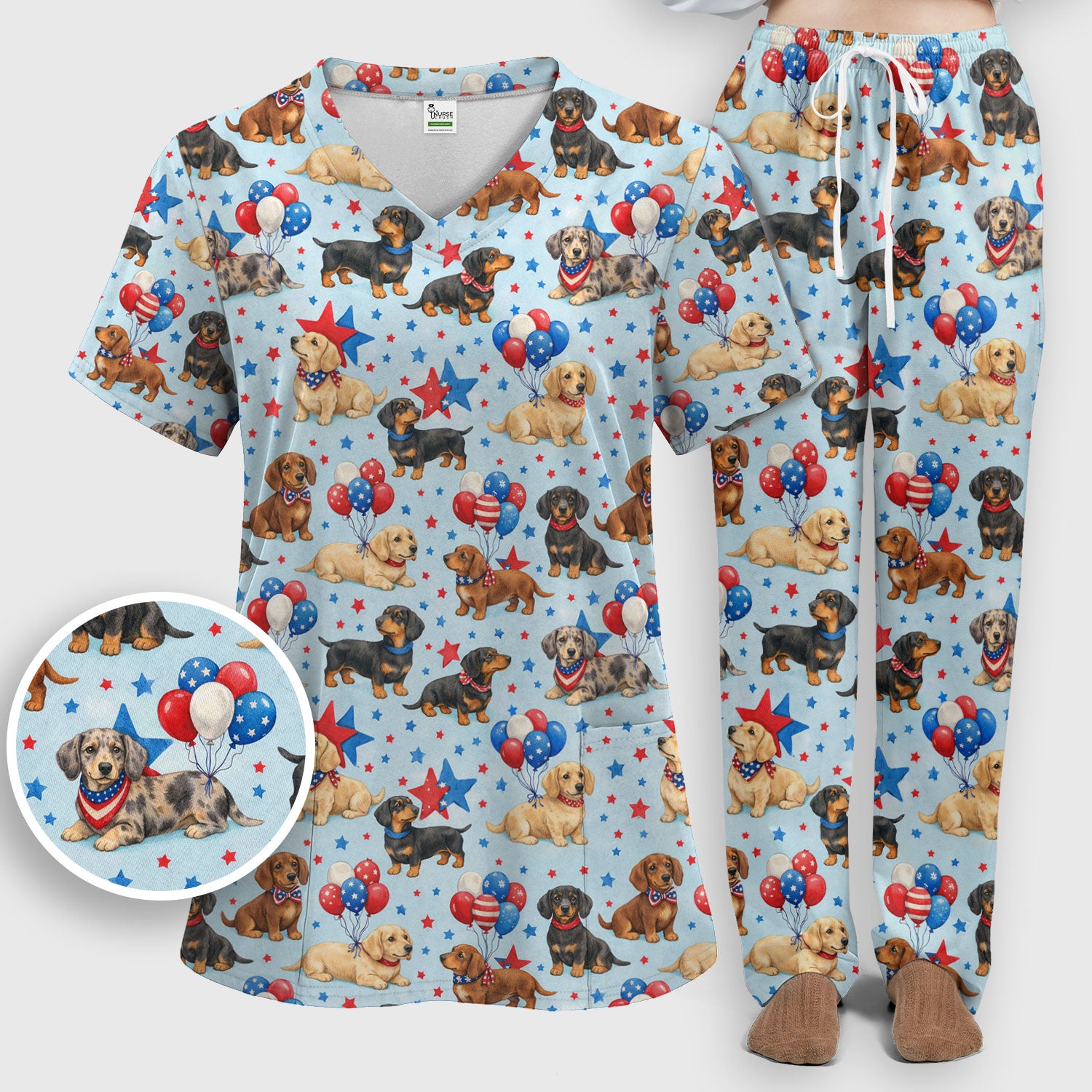 Cute Patriotic Dachshund Balloon Star Pattern Scrub Set, Scrub Pants and V Neck Top