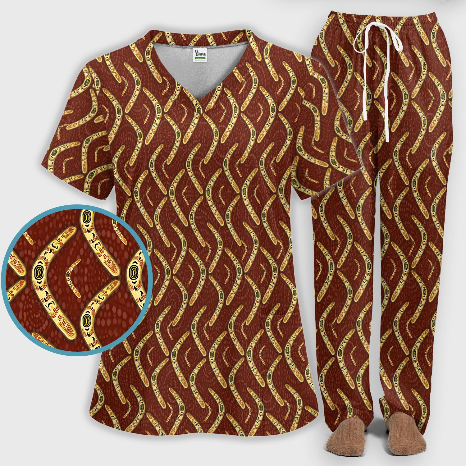 Aboriginal Boomerang Pattern Women Scrub Set, Breathable Med Uniform