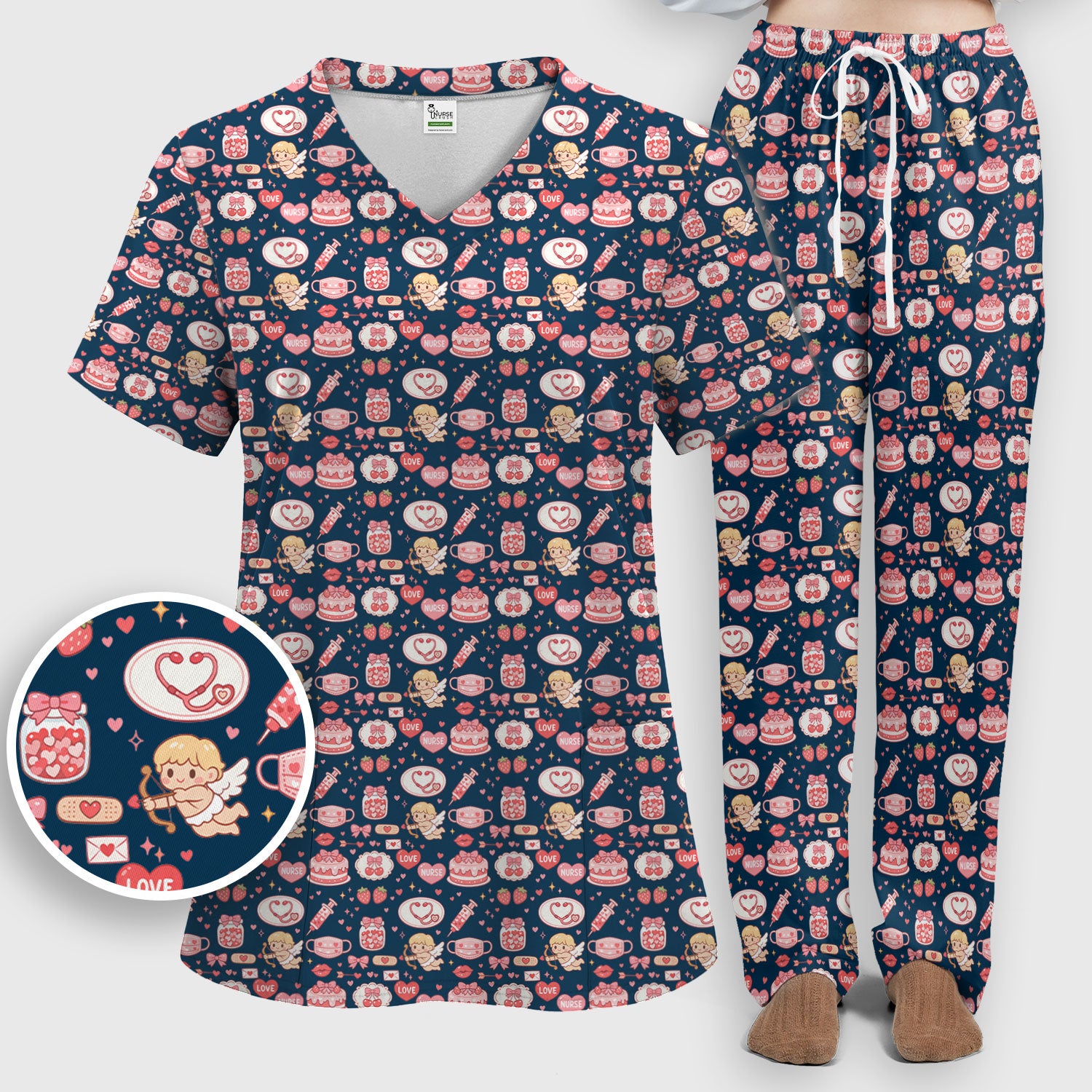 Cupid Nurse Scrub Set, Cute Love Medical Pattern Shirt For Valentine, Breathable Fabrics Nursing Uniform