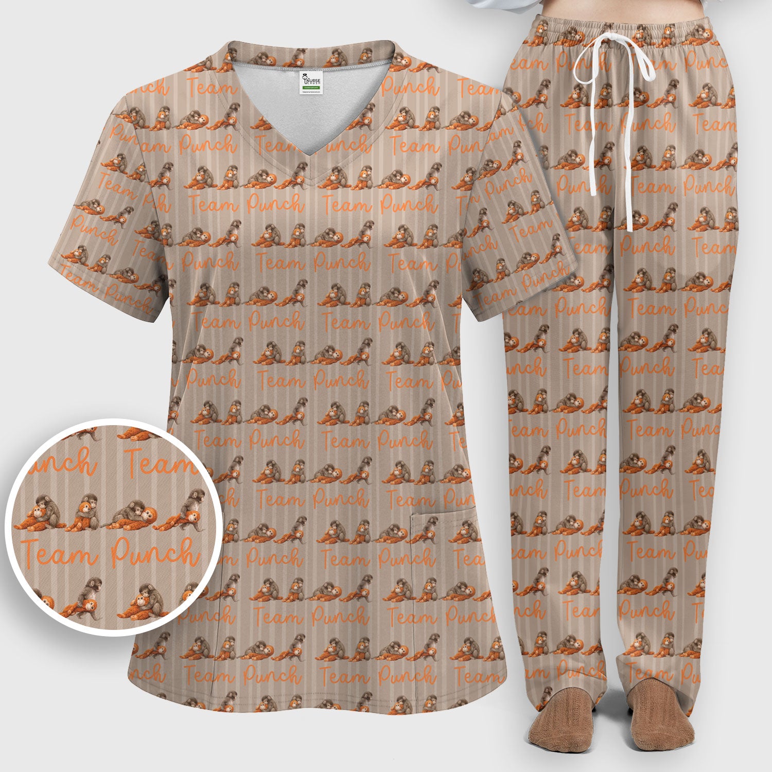 Funny Monkey Team Punch Scrub Set, Scrub Pants and V Neck Top