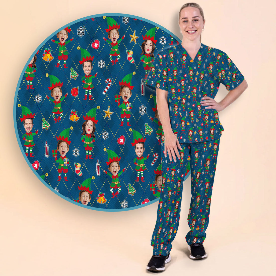 Personalized Face Nurse Uniform, Custom Photo Christmas Scrub Set, Funny Holiday Medical Uniform For Nursing