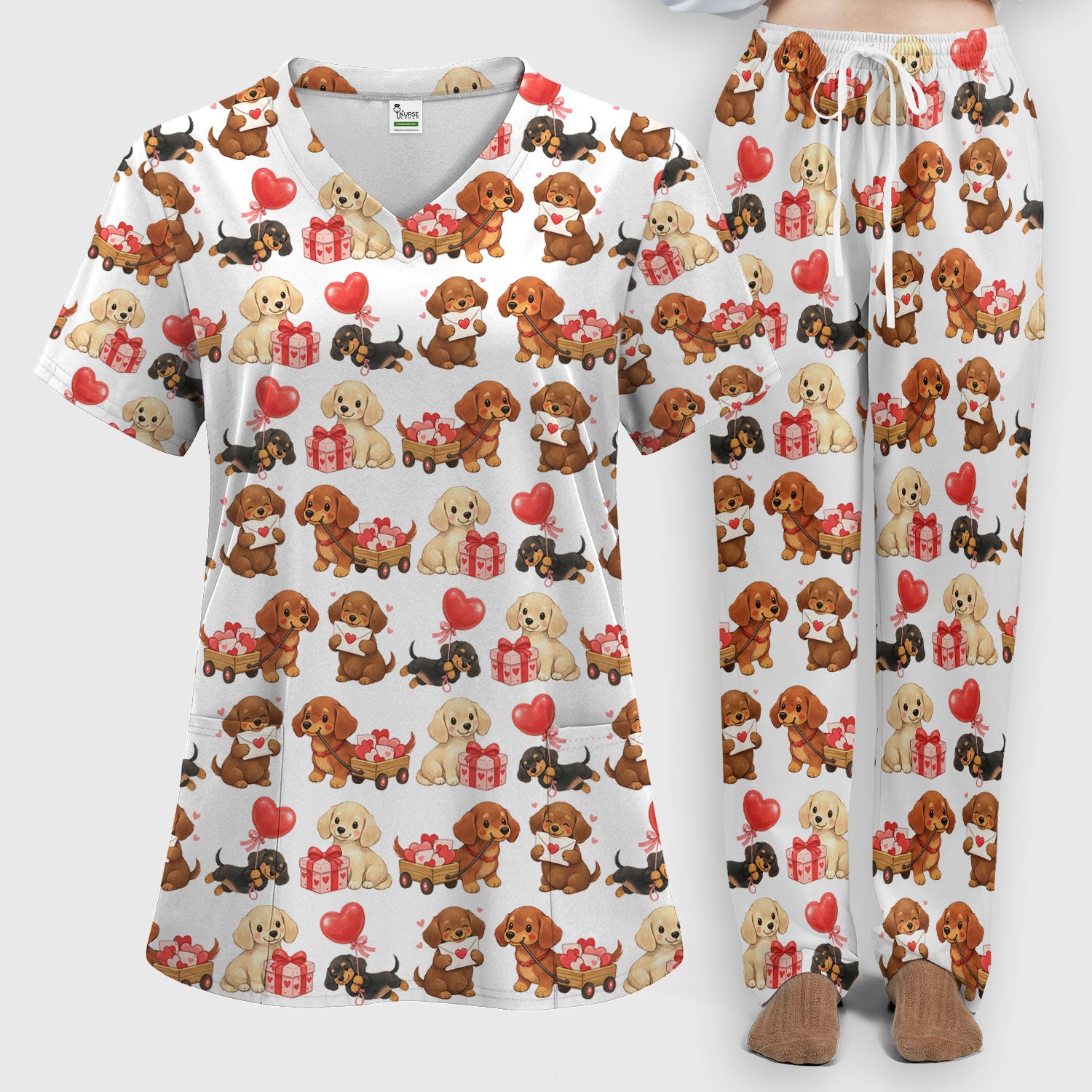 Cute Dachshund Nurse Scrub Set For Nurses, Wiener Dog Pattern Nurse Shirt, Breathable Fabrics Nursing Uniform