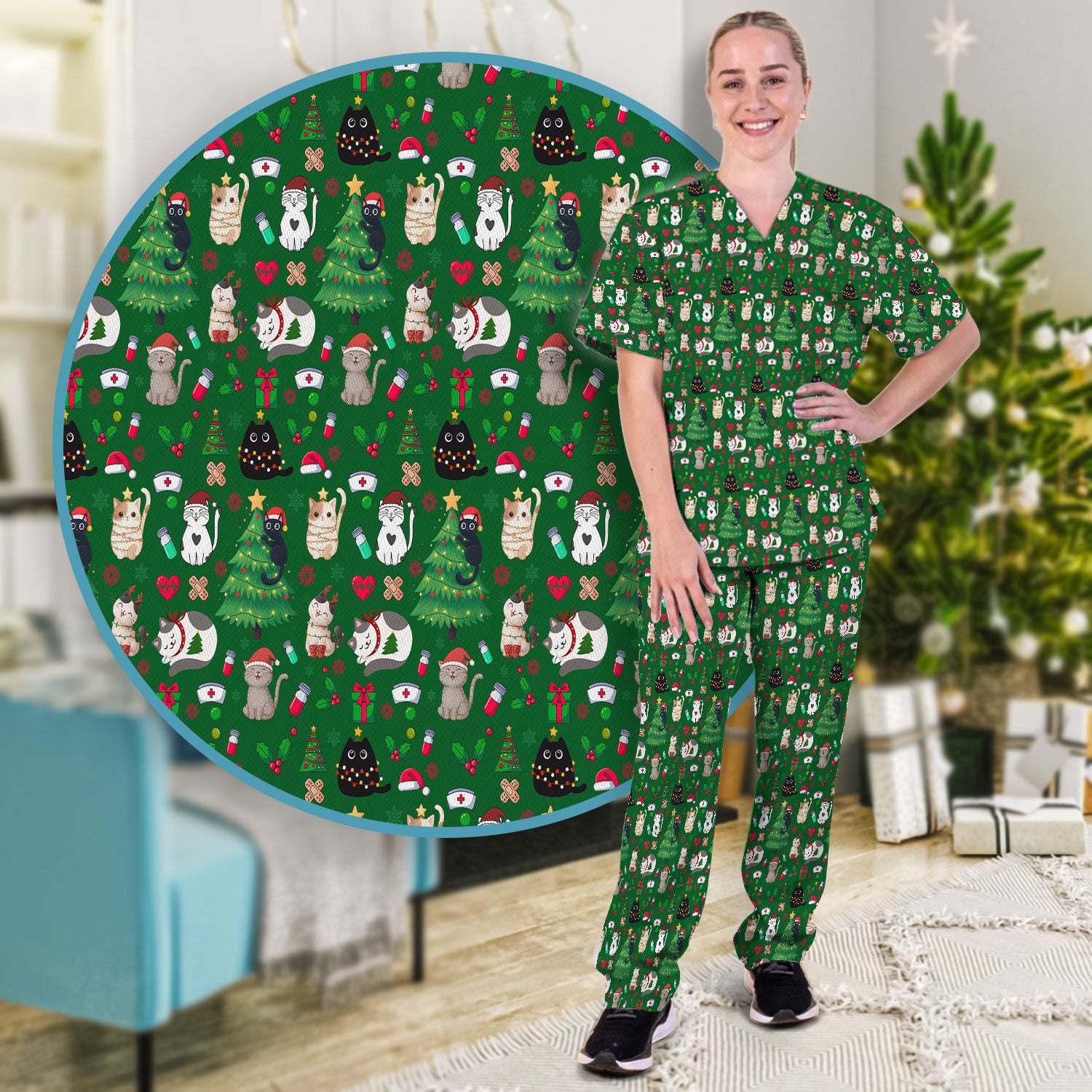 Christmas Cat Scrub Set, Xmas Pet Pattern Scrub Shirt, Breathable Fabrics Nursing Uniform