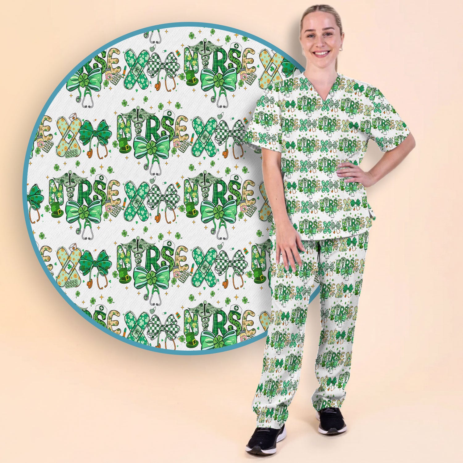 St. Patrick’s Nurse Scrub Set, Lucky Clover And Green Bow Pattern Nurse Shirt, Breathable Fabrics Nursing Uniform