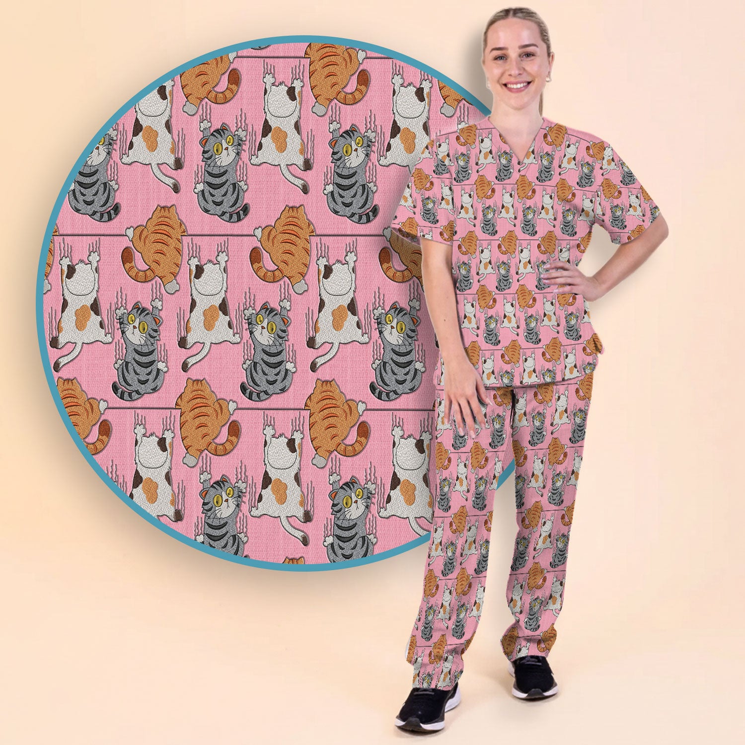 Cute Cat Pattern Nurse Scrub Set, Cats Medical Pattern Shirt, Breathable Fabrics Nursing Uniform