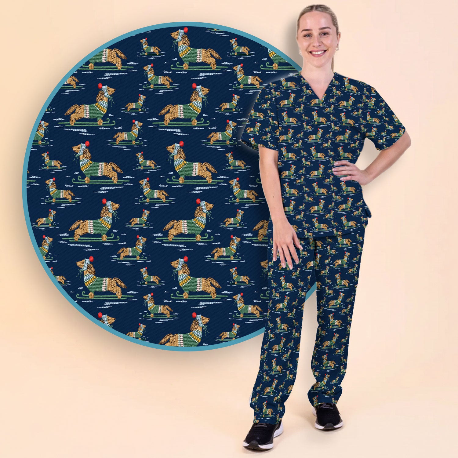 Dachshund Nurse Scrub Set, Wiener Dog Winter Pattern Shirt, Breathable Fabrics Nursing Uniform