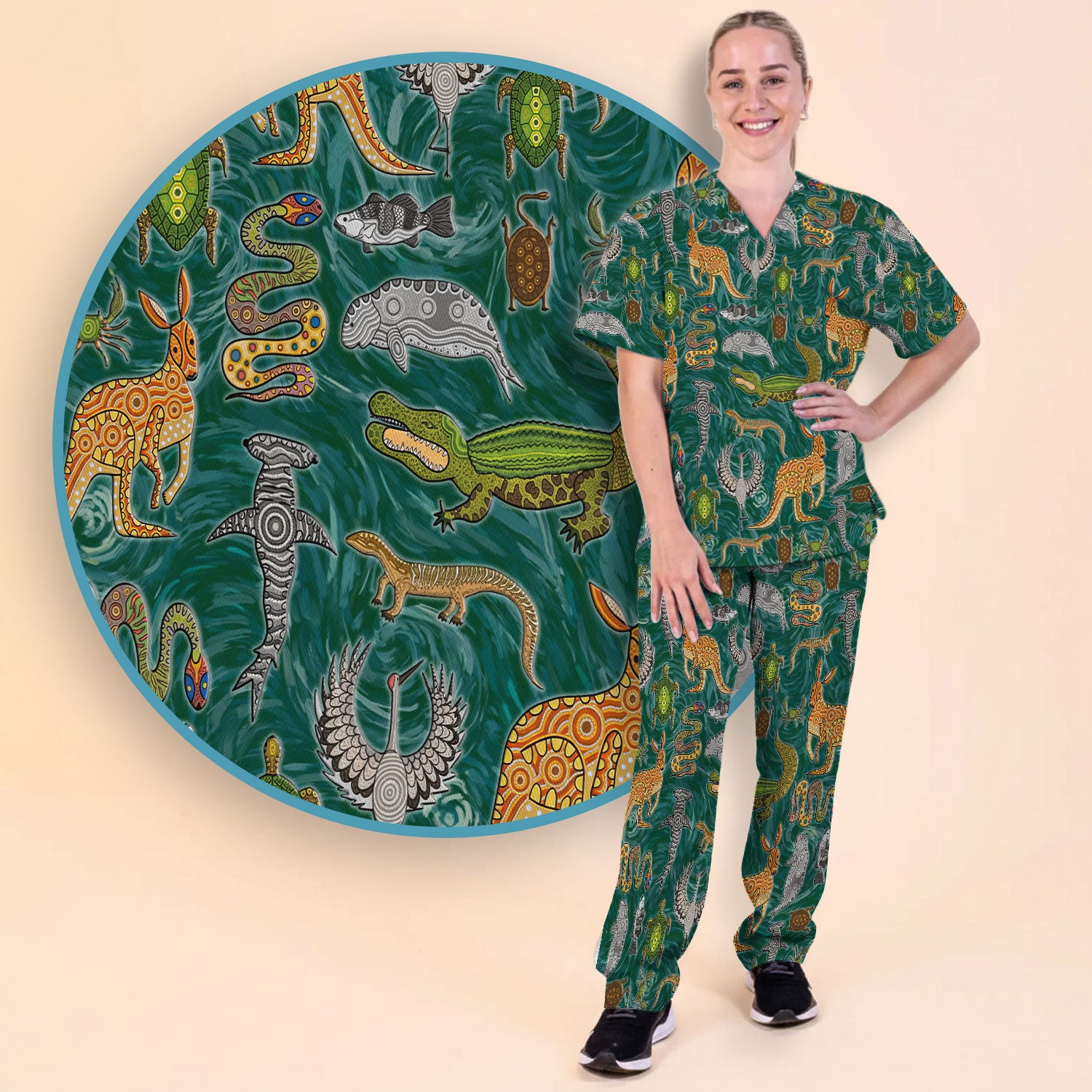 Crocodile Turtle Snake Animal Pattern Scrub Set, Women’s Scrub Sets V Neck Top